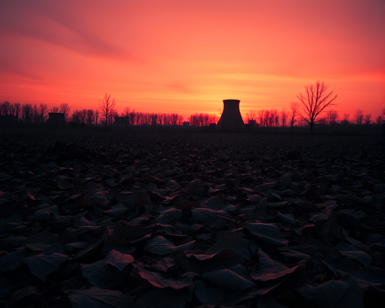 Duotone image of a futuristic reactor glowing at sunset