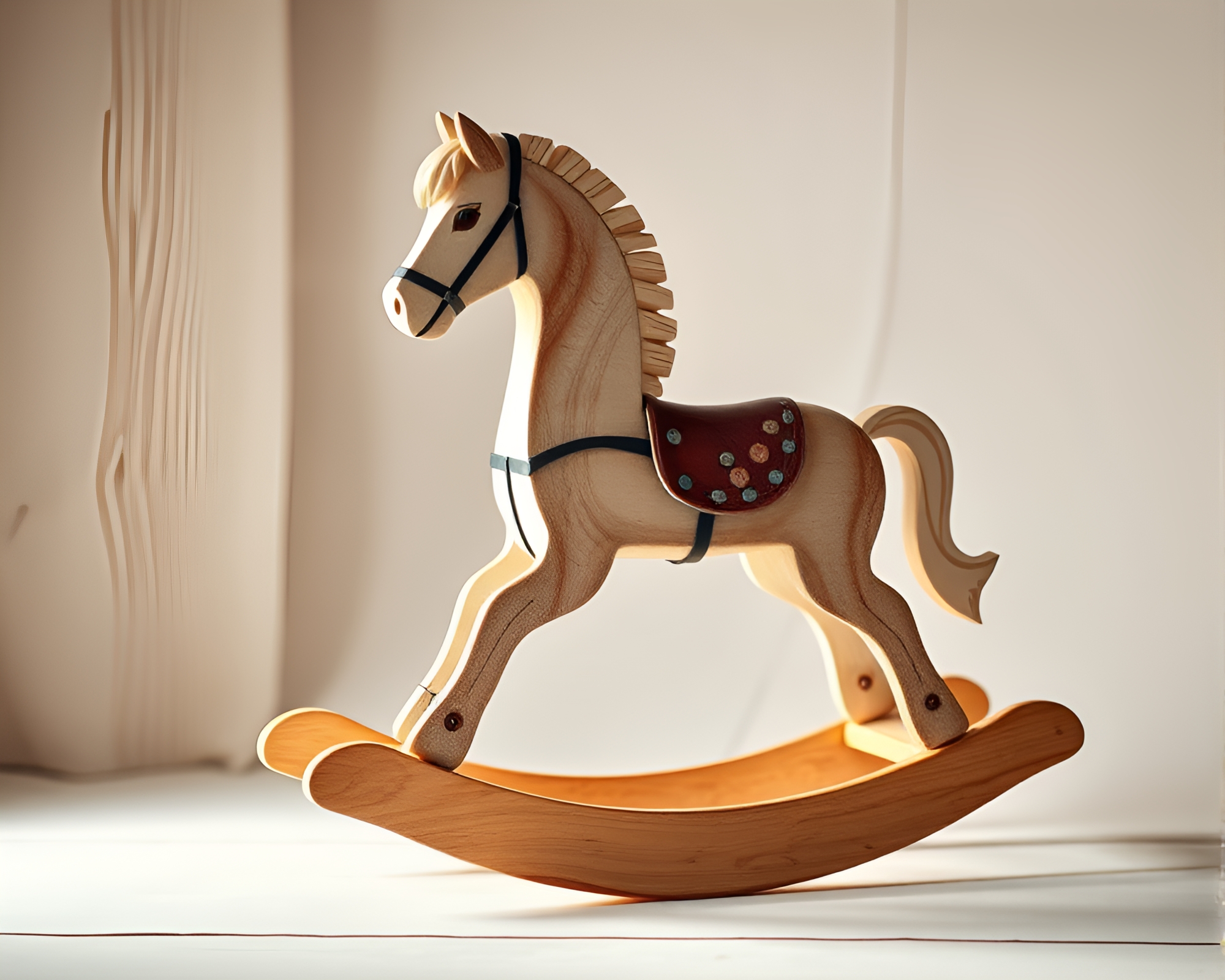 Whimsical Wooden Rocking Horse in Soft Watercolor Light – free AI stock image