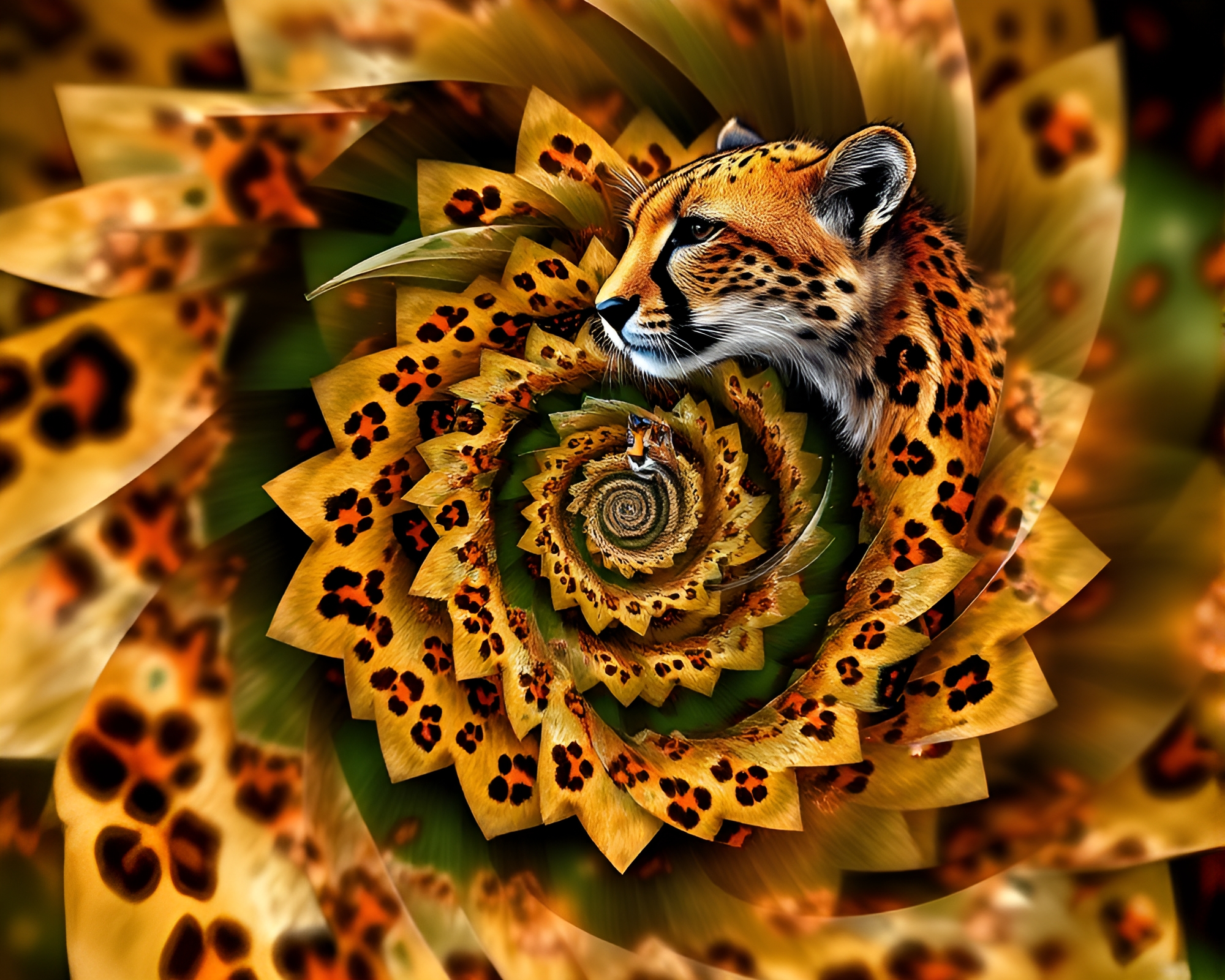 Spiraling Cheetah in Digital Bloom Photocollage – free AI stock image