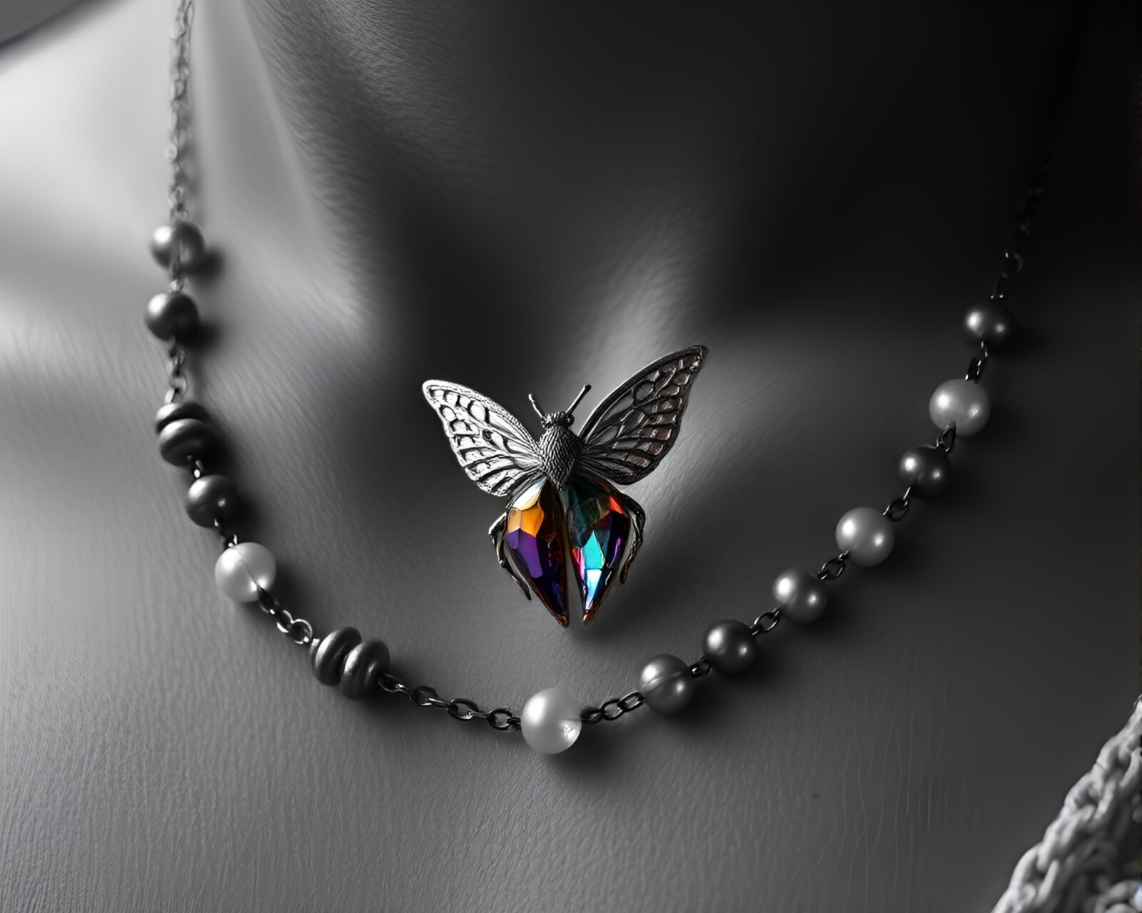 Elegant necklace with detailed hatching patterns in selective color