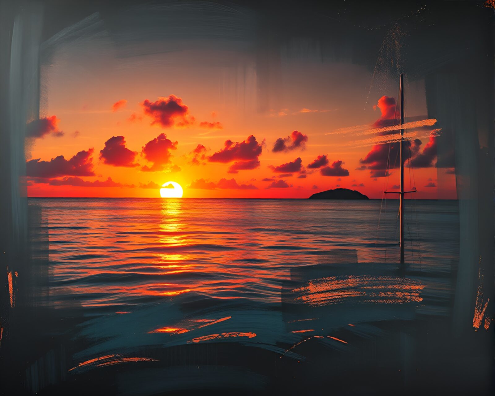 Vibrant splatter art of coral atoll against golden sky