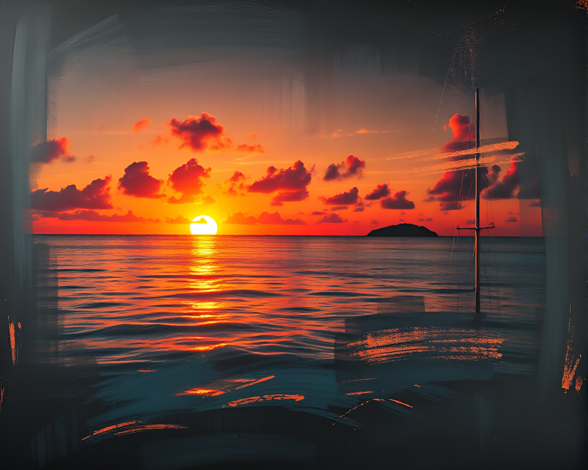 Sunset Splatter Art on Chalkboard Coral Atoll – free AI stock image