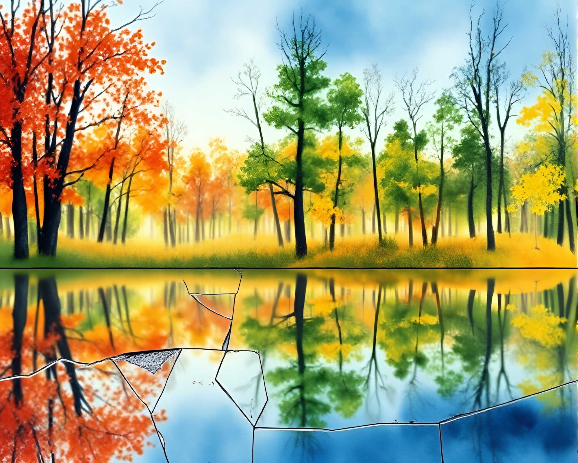 Ethereal Autumn Spotlight: Watercolor Forest Reflection – free AI stock image
