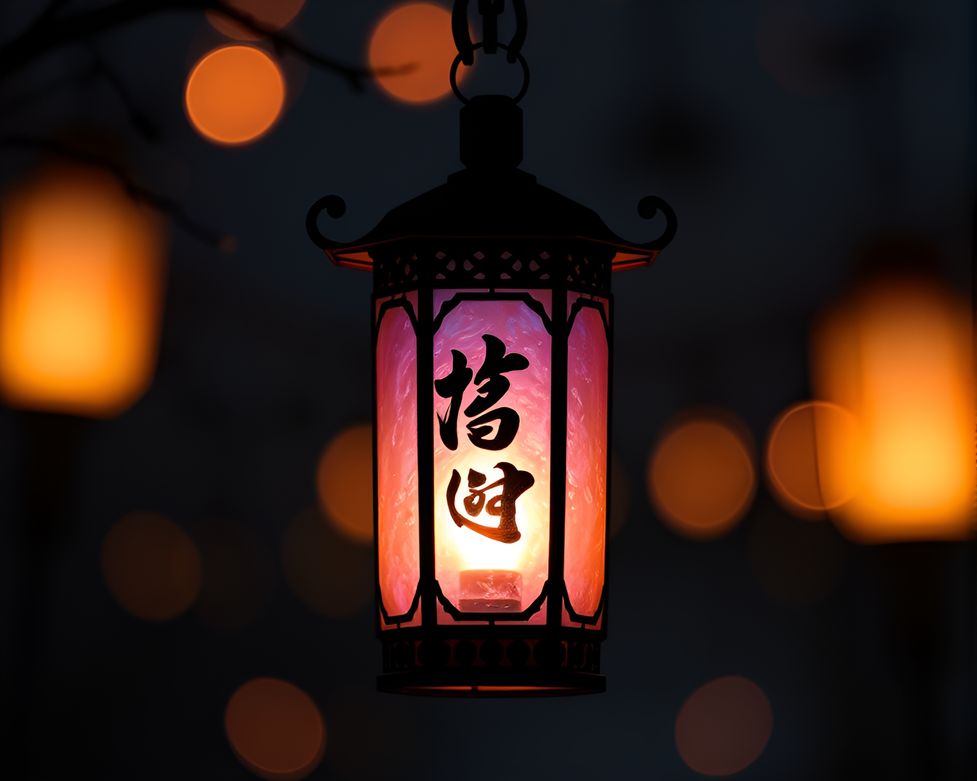 Iridescent Ink Calligraphy in Lantern Light Silhouette – free AI stock image