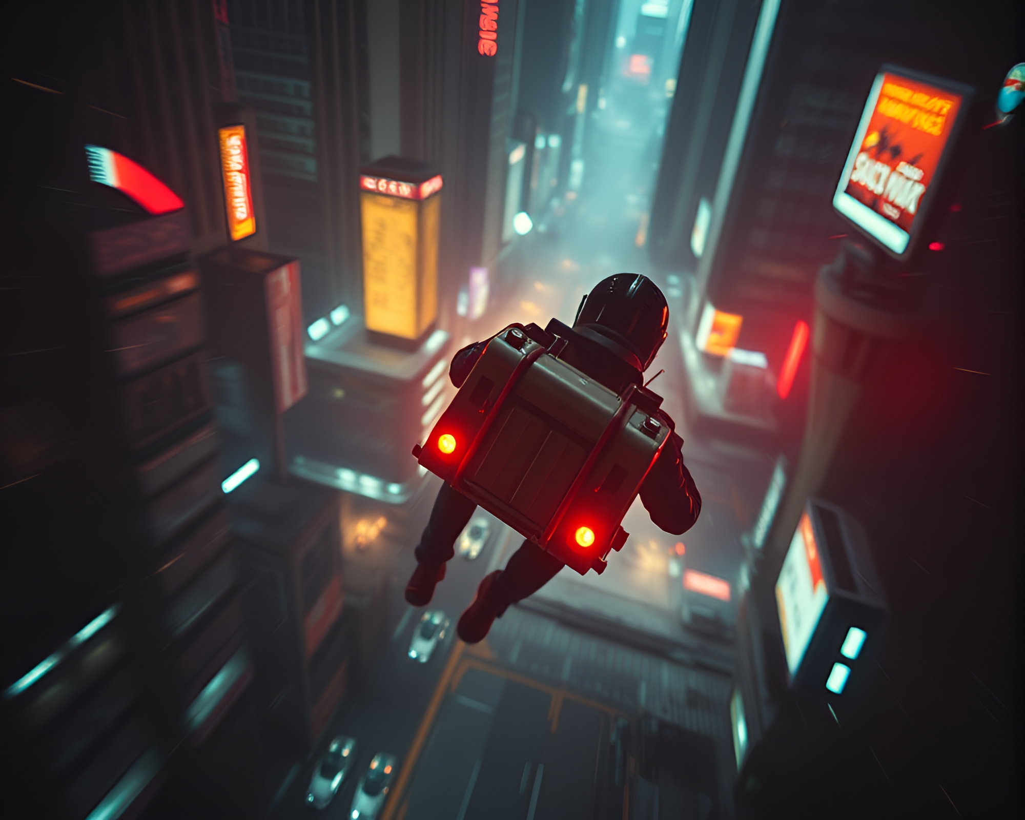 Futuristic Jetpack Adventures in Cybernetic City – free AI stock image