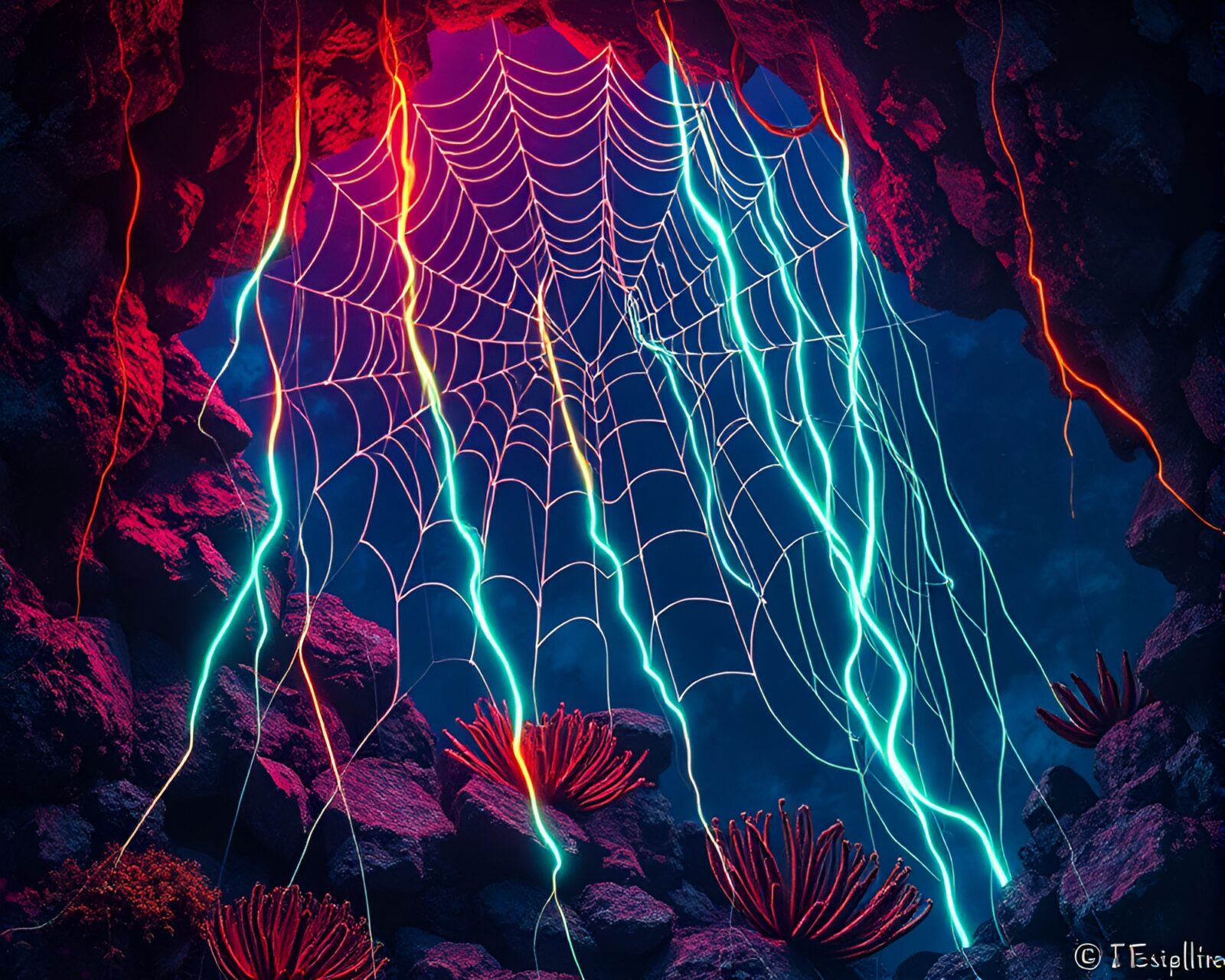 Vibrant graffiti on underwater reef with cobweb strands