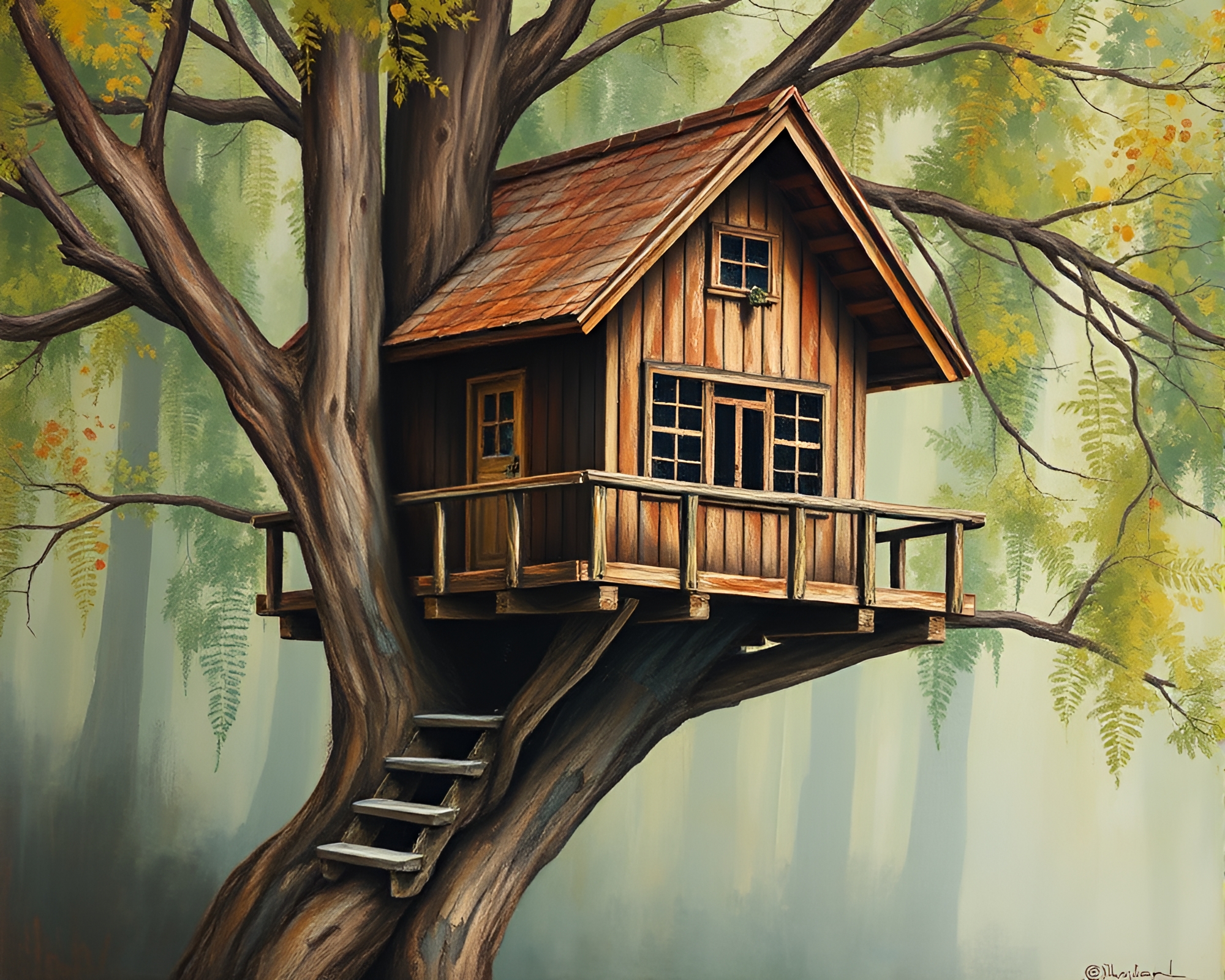 Enchanting Treehouse in Vibrant Rust Patina Forest – free AI stock image