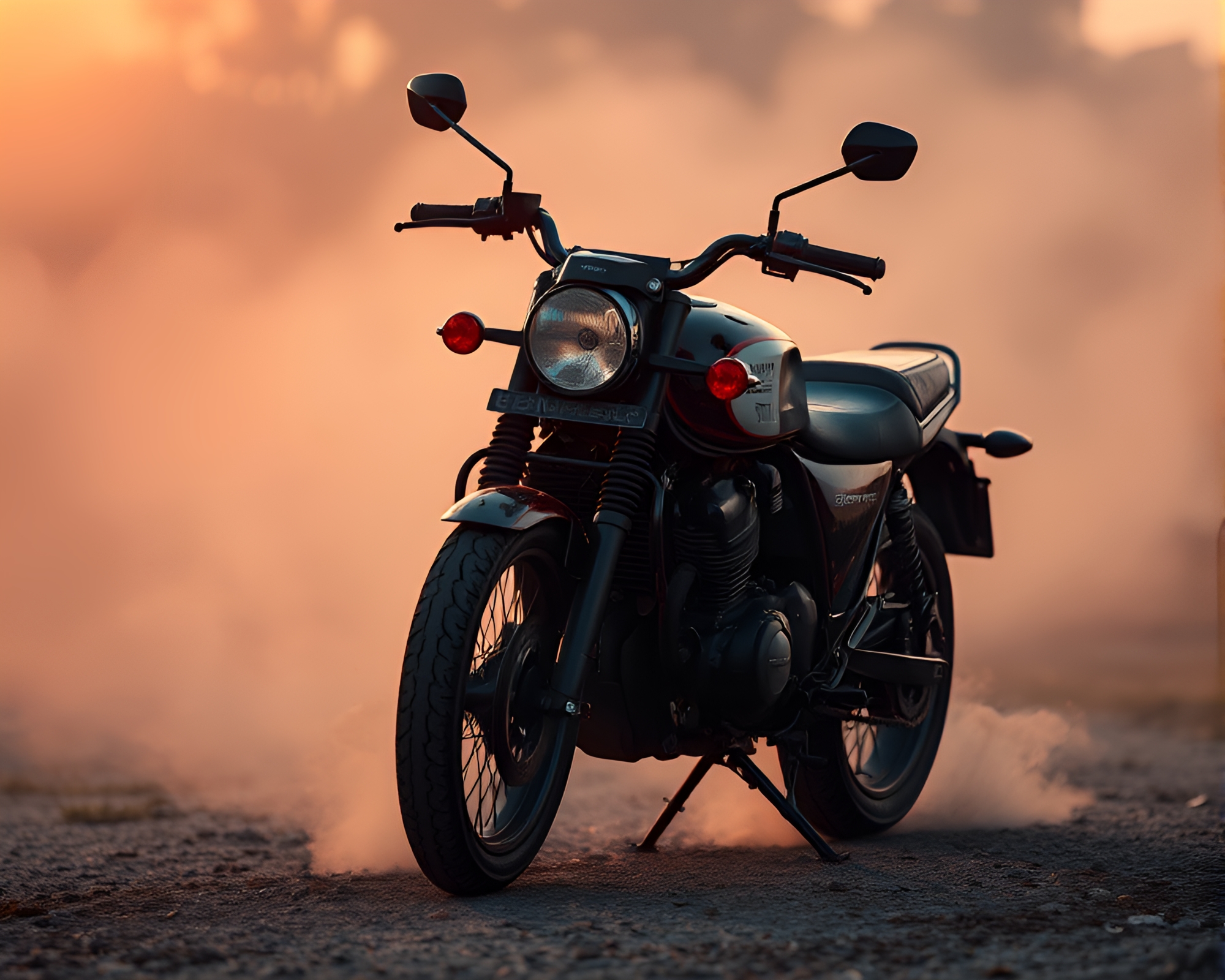Glowing Neon Motorcycle in Rusty Dawn Mist – free AI stock image