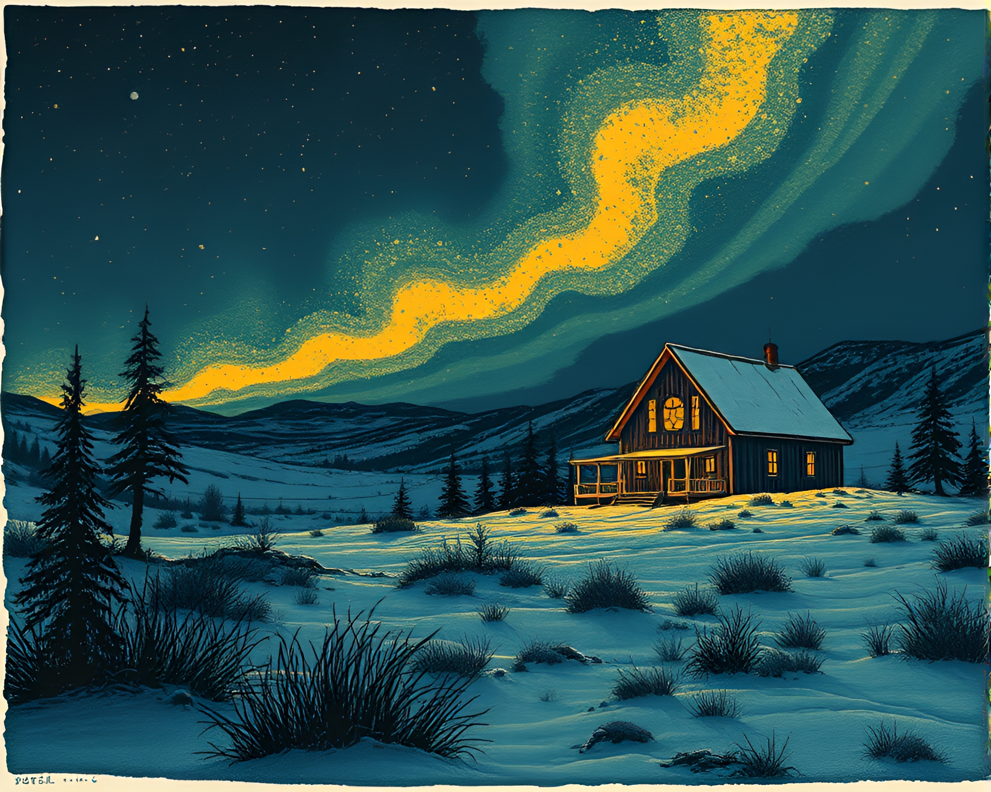 Northern Tundra Linocut Aurora Opera House Lights – free AI stock image