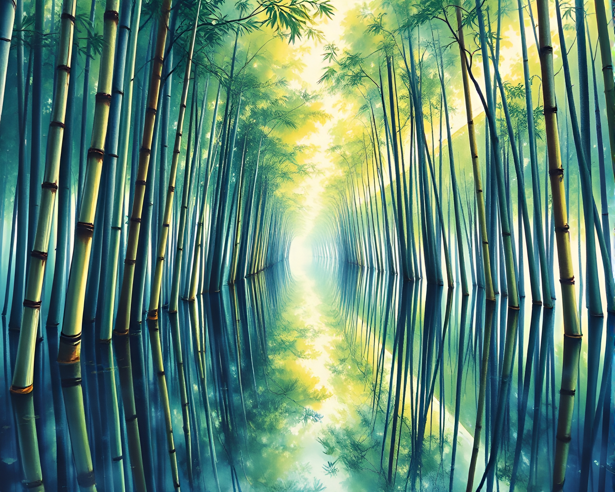 Bamboo Grove Reflection: Holographic Gouache Painting – free AI stock image