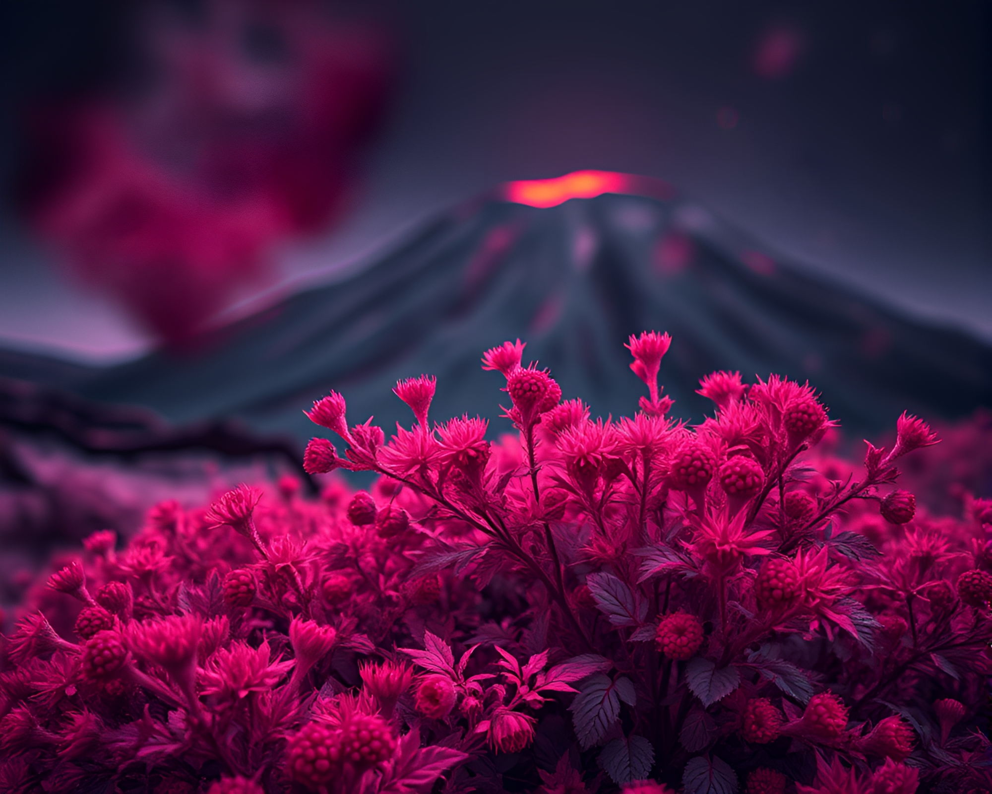 Volcano-Red Glow: Infrared Raspberry Bush Soft Focus – free AI stock image