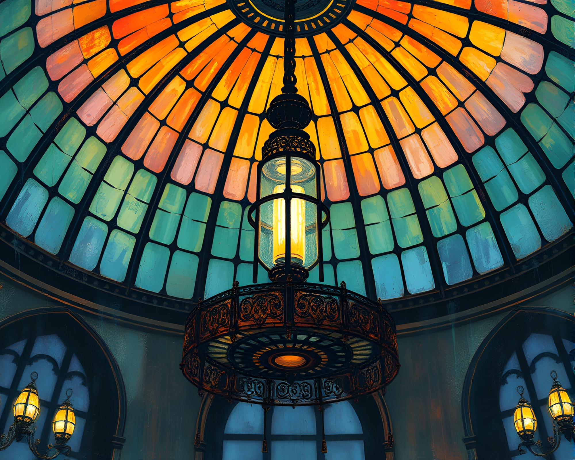 Glitchy Stained Glass Dome in Library Lighting – free AI stock image