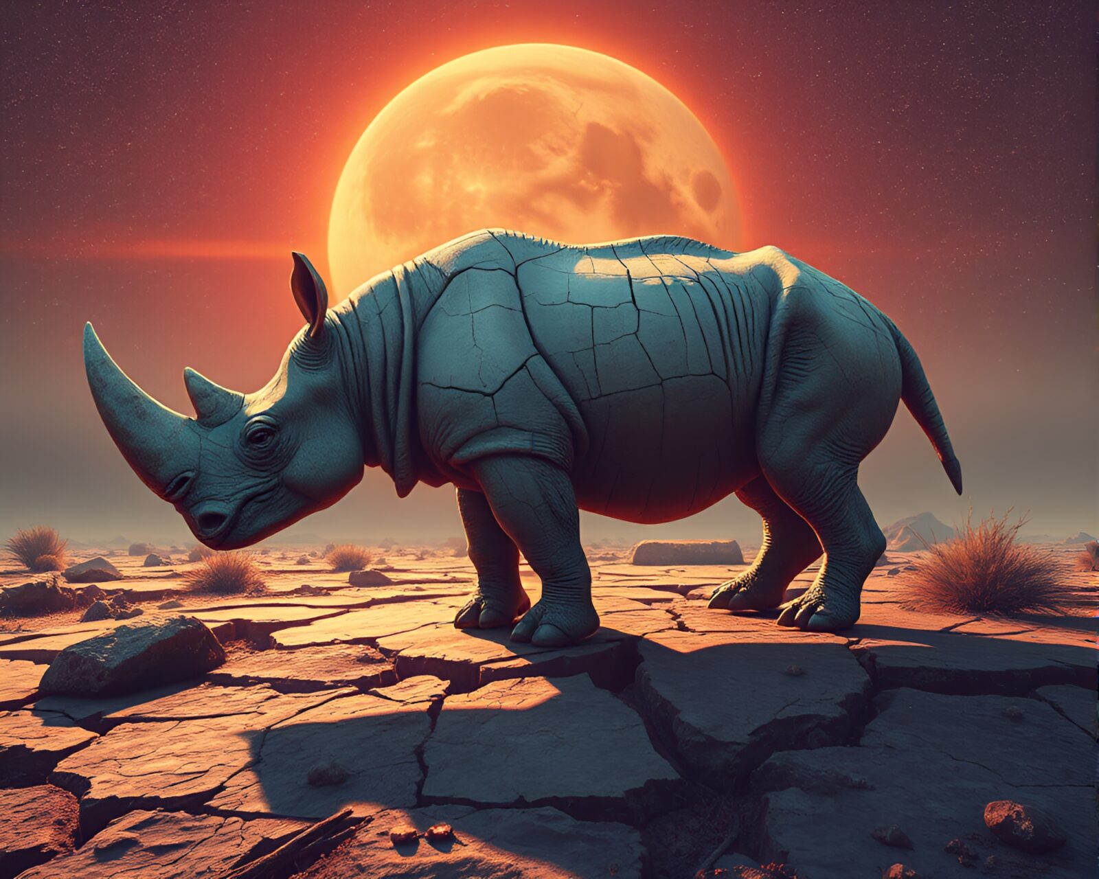 High saturation retro futurism image of a rhinoceros on cracked earth