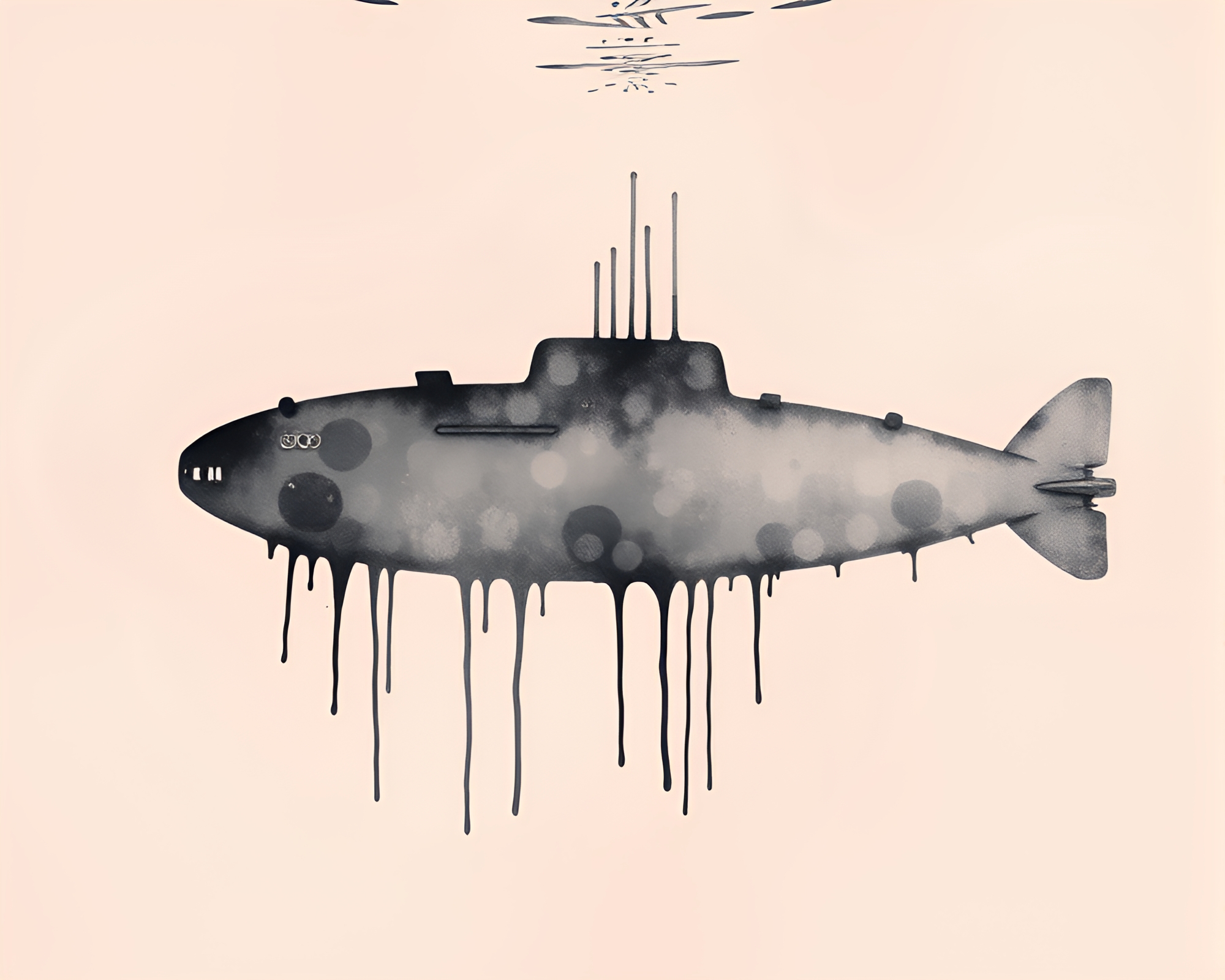Ink Wash Submarine in Peachy Underwater Glow – free AI stock image