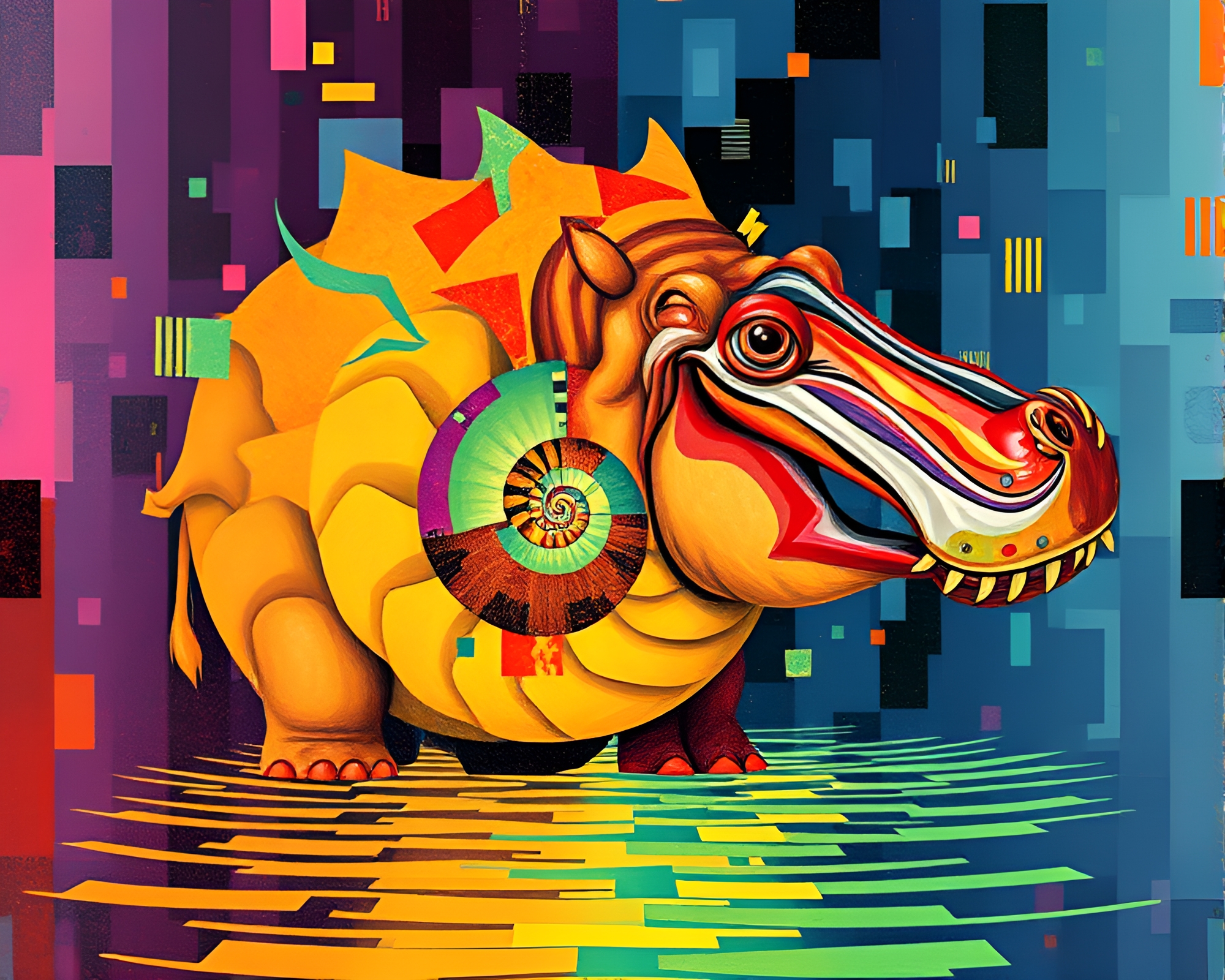 Fibonacci Spiral Hippopotamus in Glitch Dadaist Collage – free AI stock image