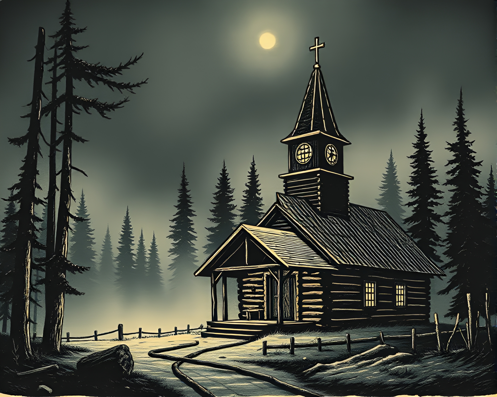 Misty Rustic Cabin Lit by Church Candlelight – free AI stock image