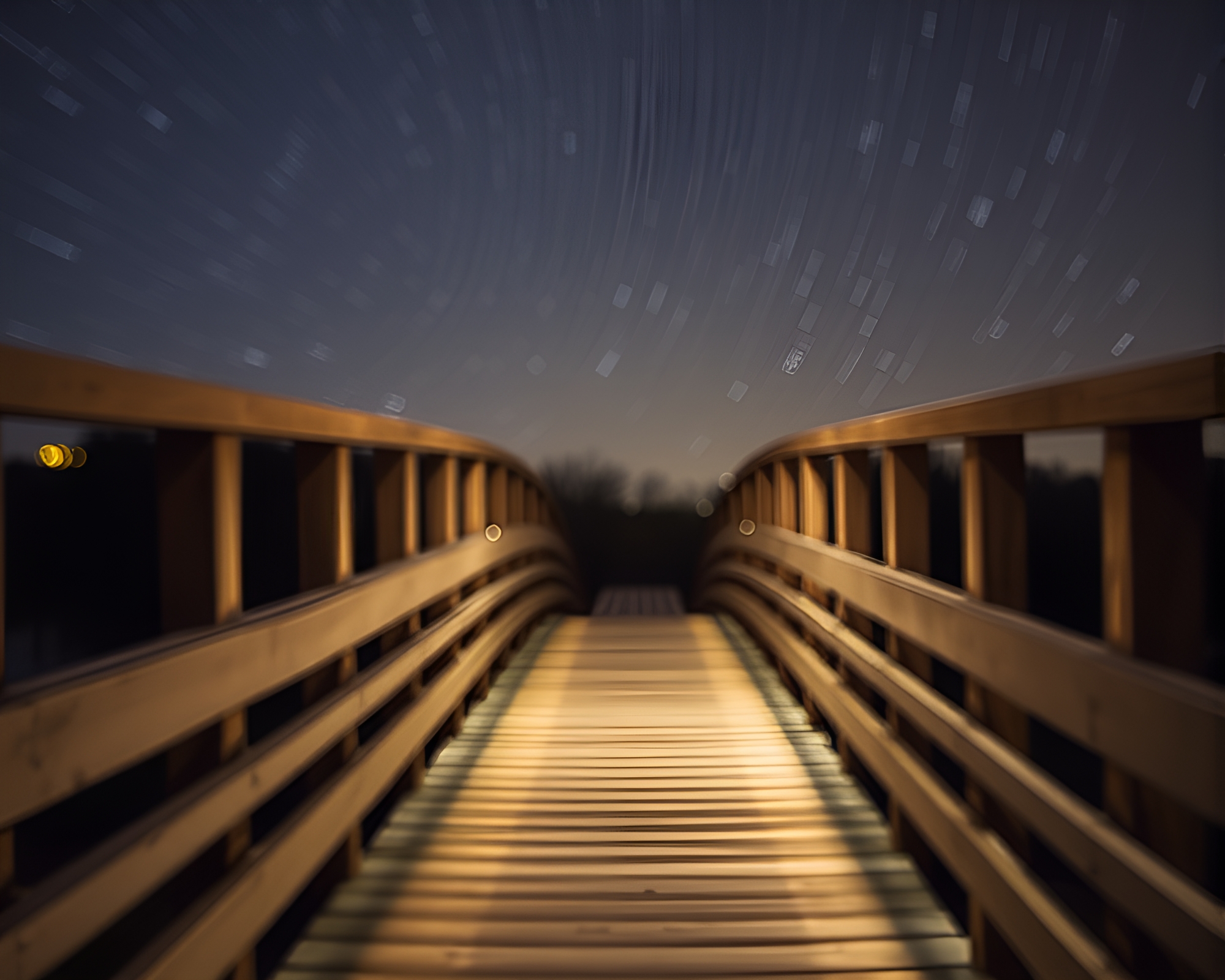 Enchanting Star Trails Over Wooden Bridge with Bokeh Lights – free AI stock image
