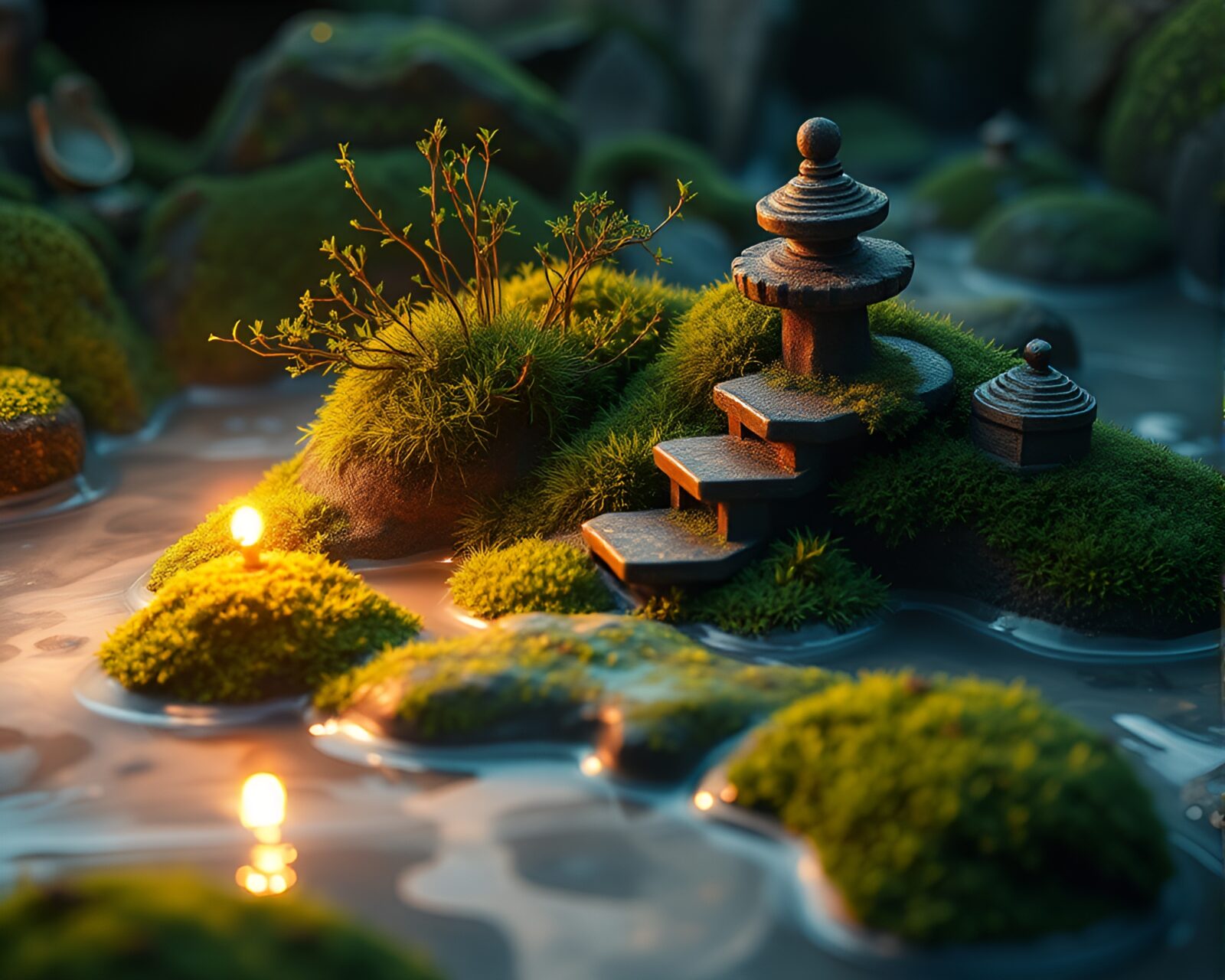 Tranquil Zen garden with mystical moss and glowing aura