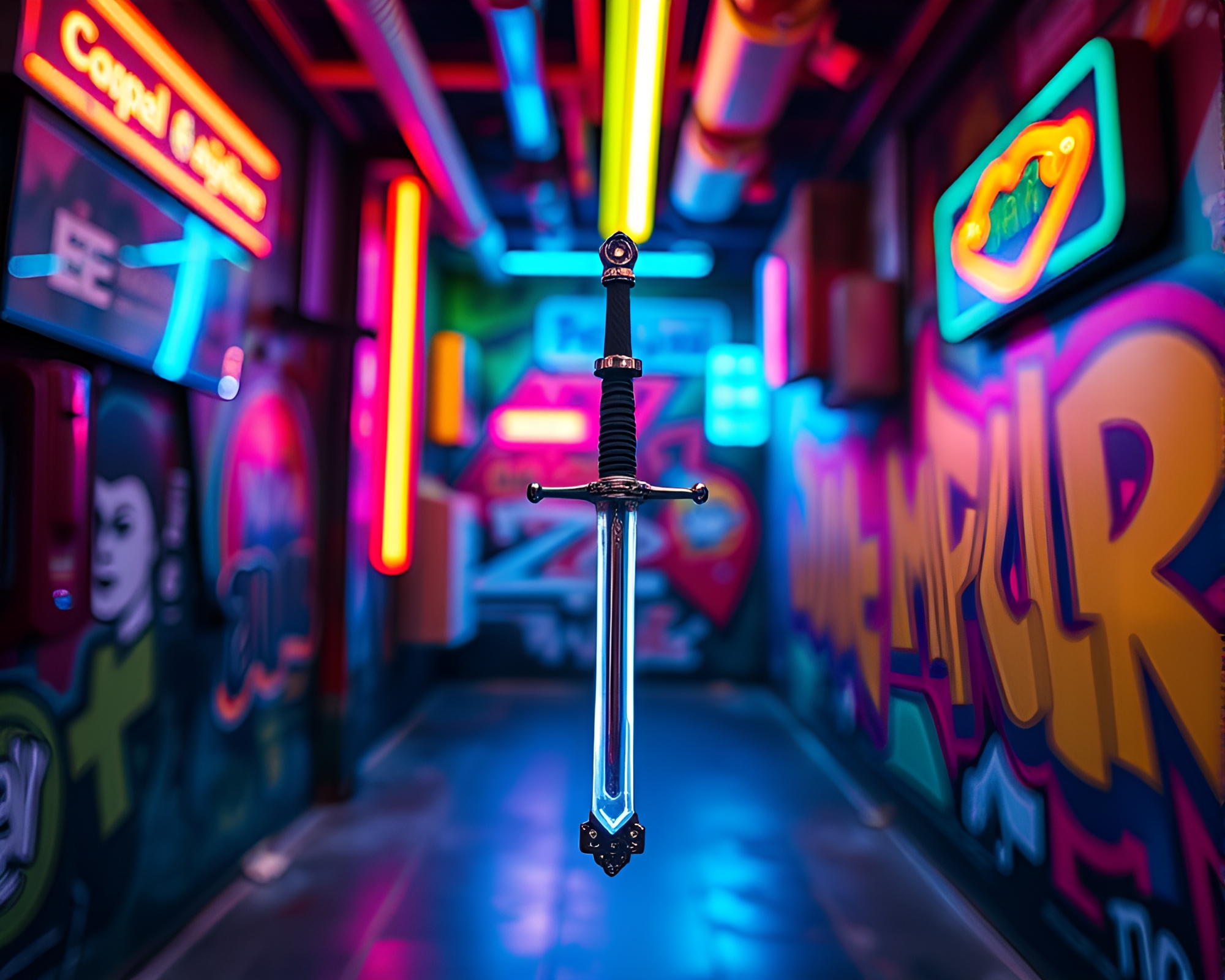 Neon Sword Battle in Graffiti City Scene – free AI stock image