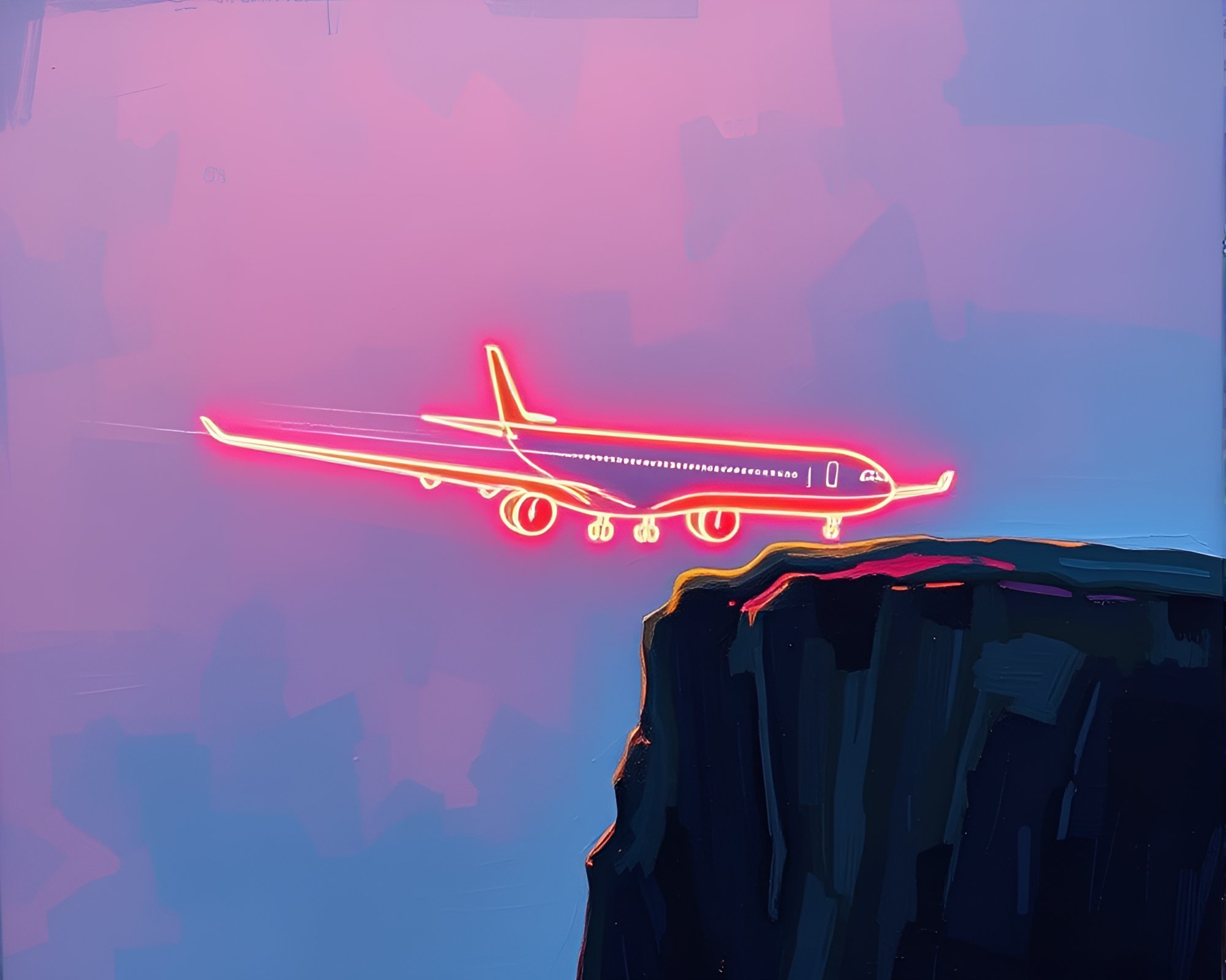 Neon Wireframe Airplane Soaring Over Cliffside Shadows – free AI stock image