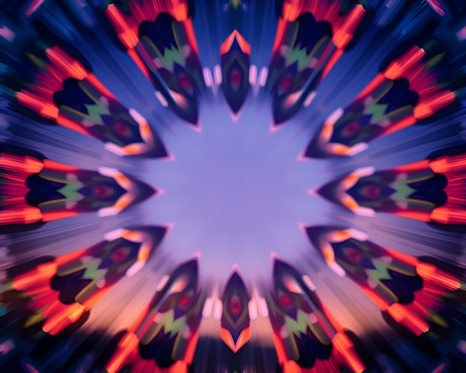 Flat design kaleidoscope patterns in twilight with motion blur streaks