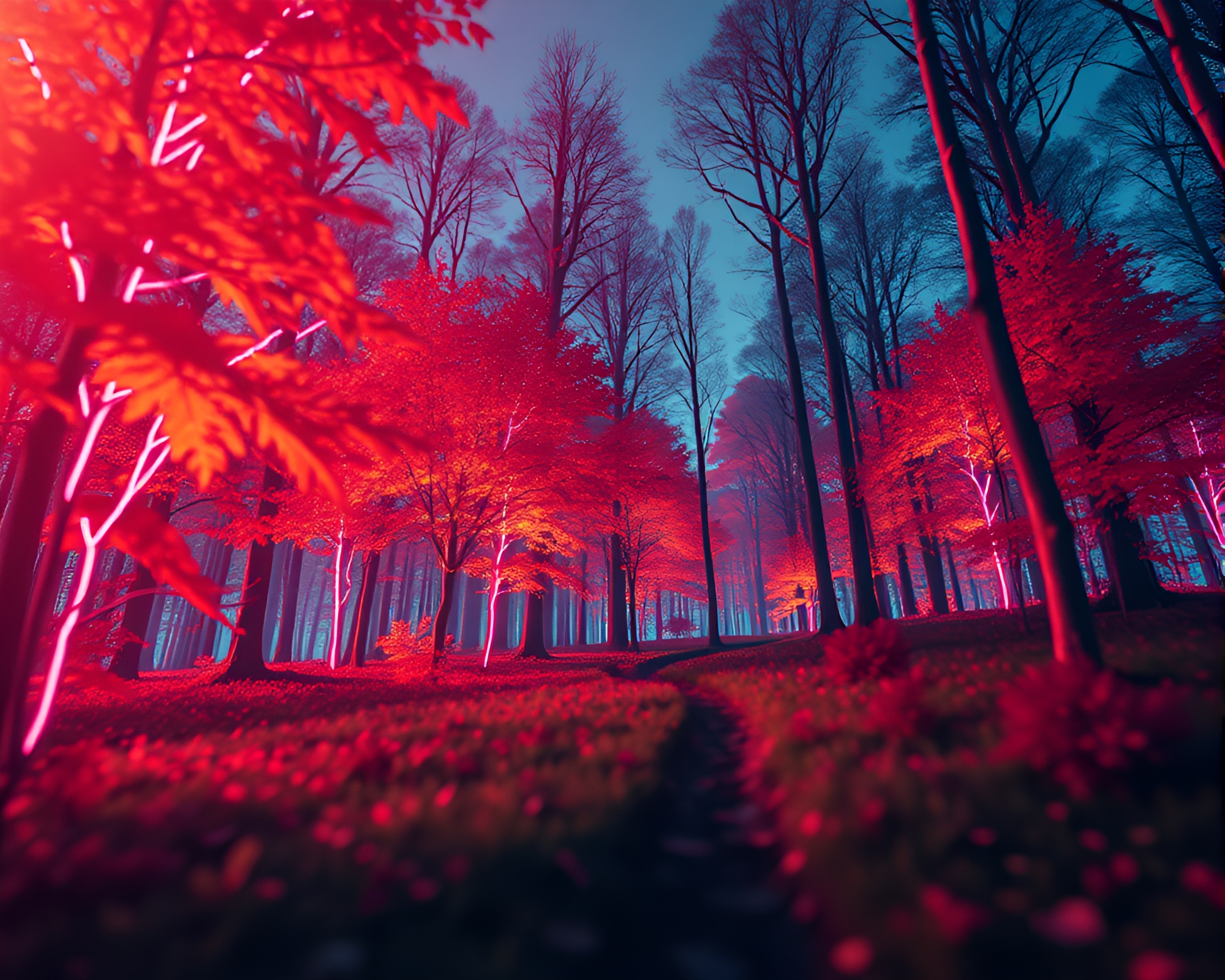 Voxel Autumn Neon Forest Fantasy Scene – free AI stock image