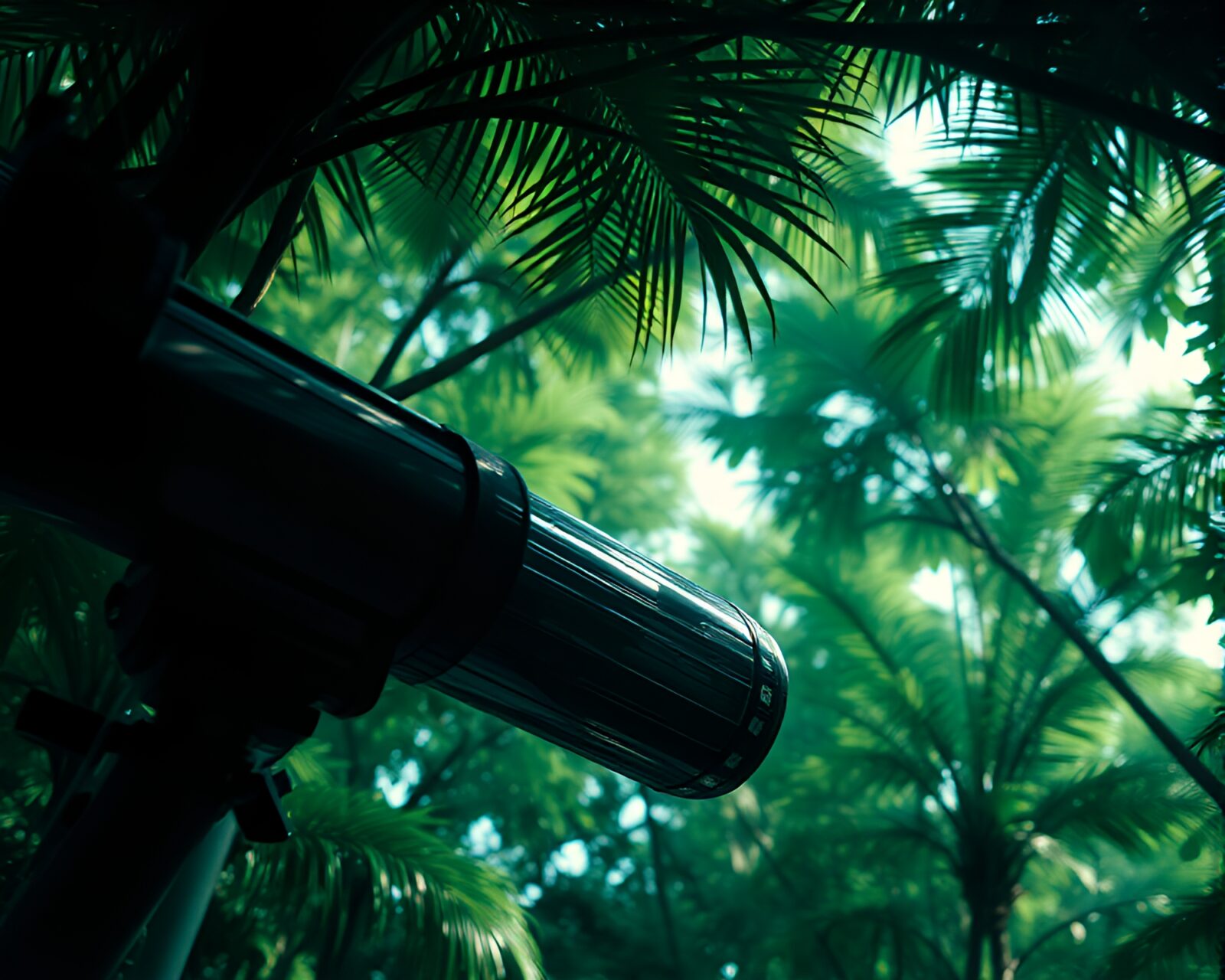 Detailed x-ray style macro of jungle canopy through telescope