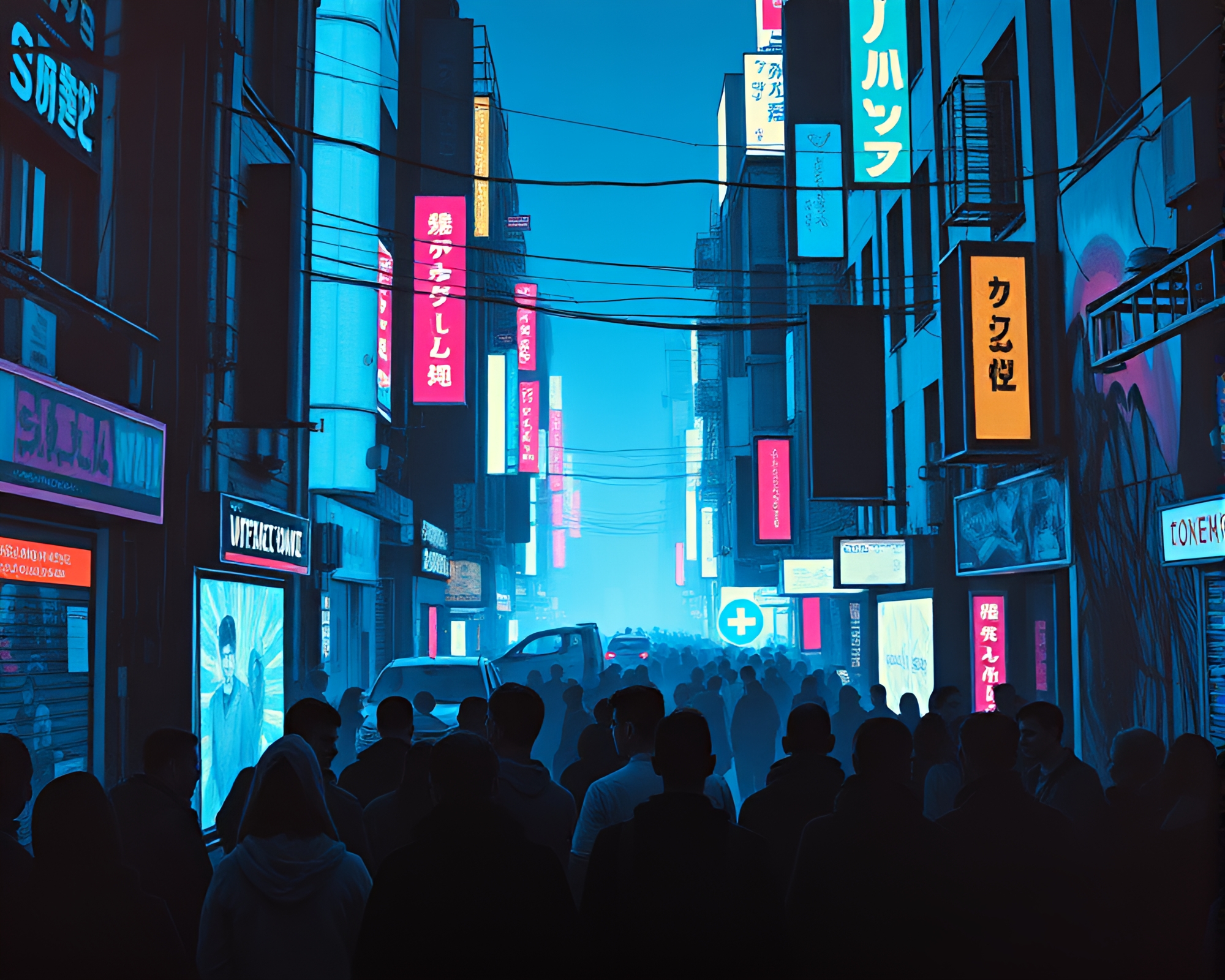 Cyberpunk Alley Crowd Silhouette Mural – free AI stock image