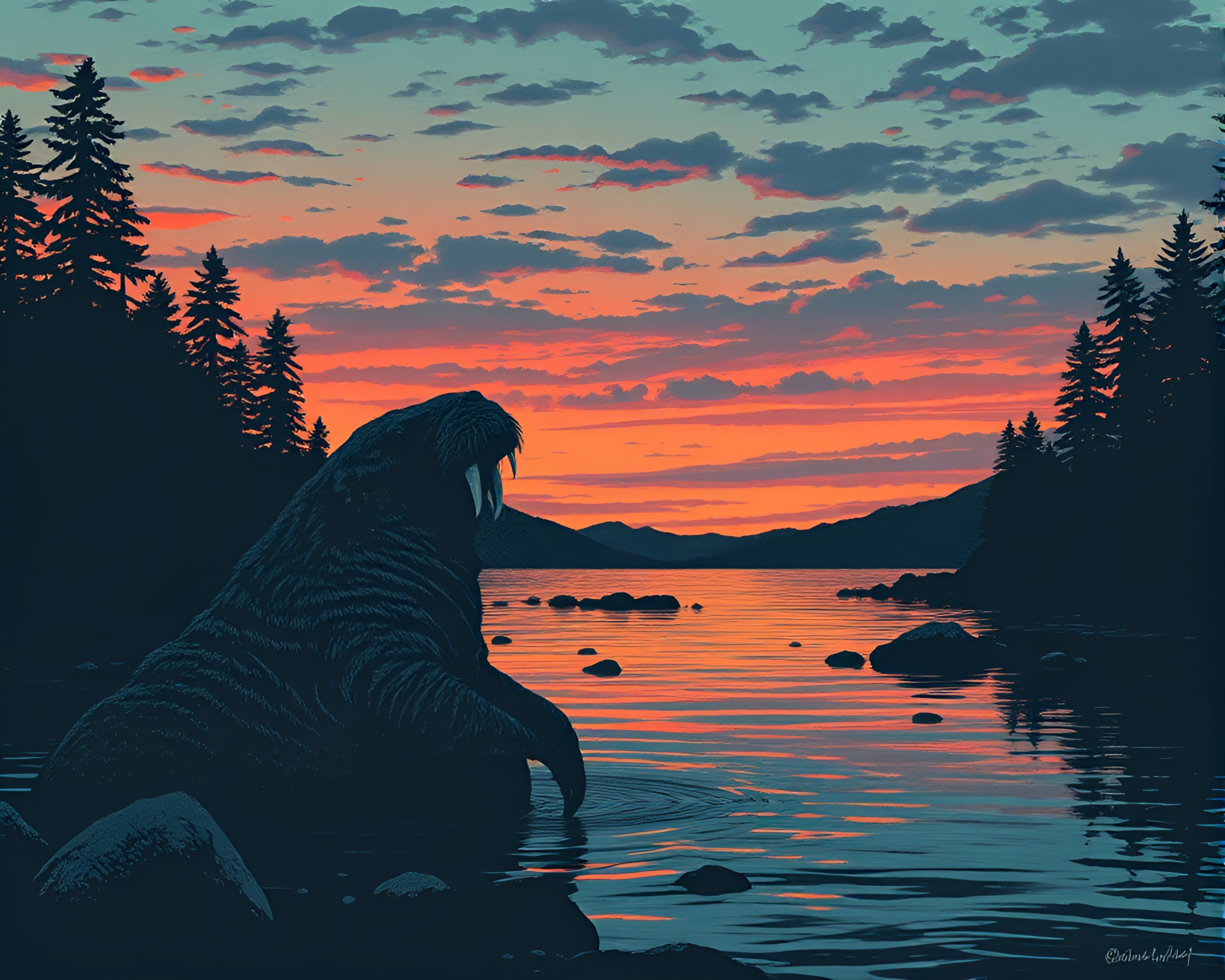 Digital Woodcut of a Dusky Walrus – free AI stock image