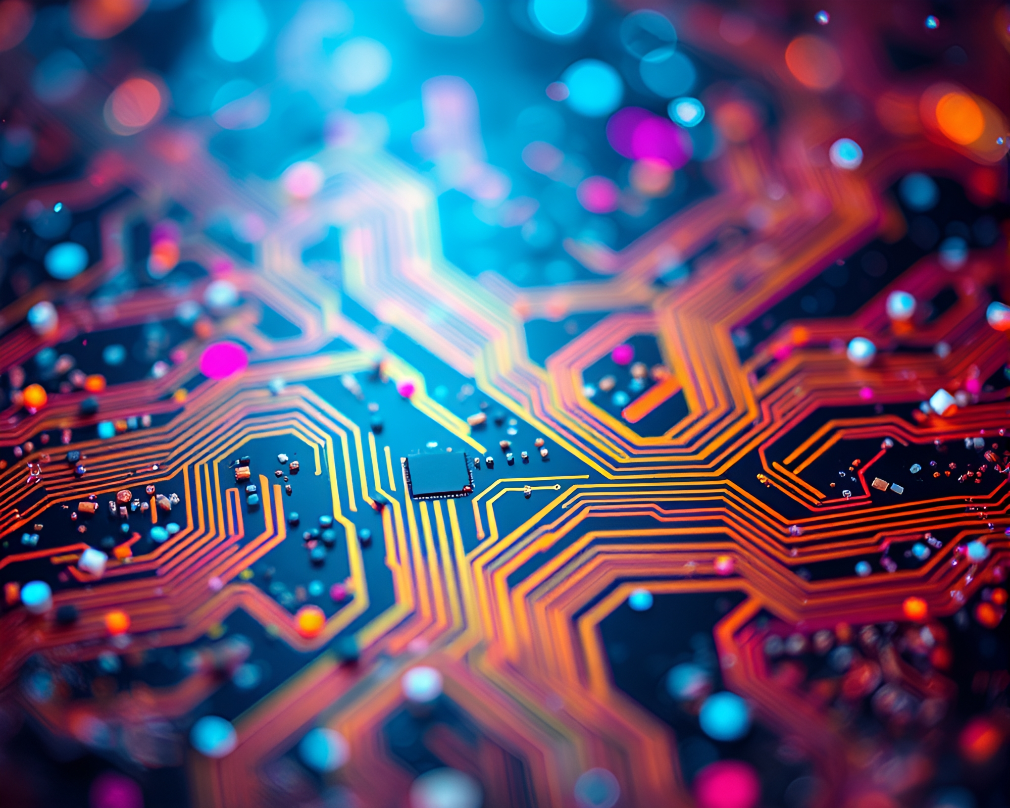 Winter Wonderland Circuit Board with Confetti Burst – free AI stock image