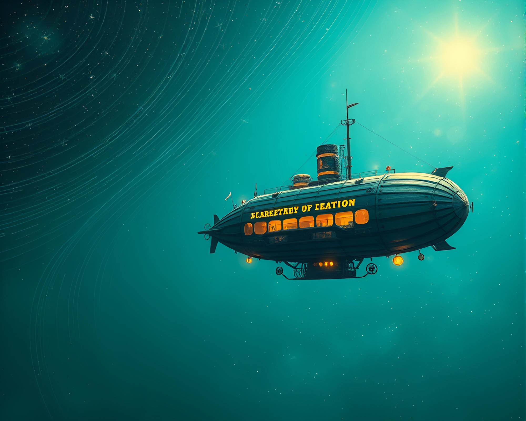 Steampunk Airship Sailing Through Surreal Star Trails – free AI stock image