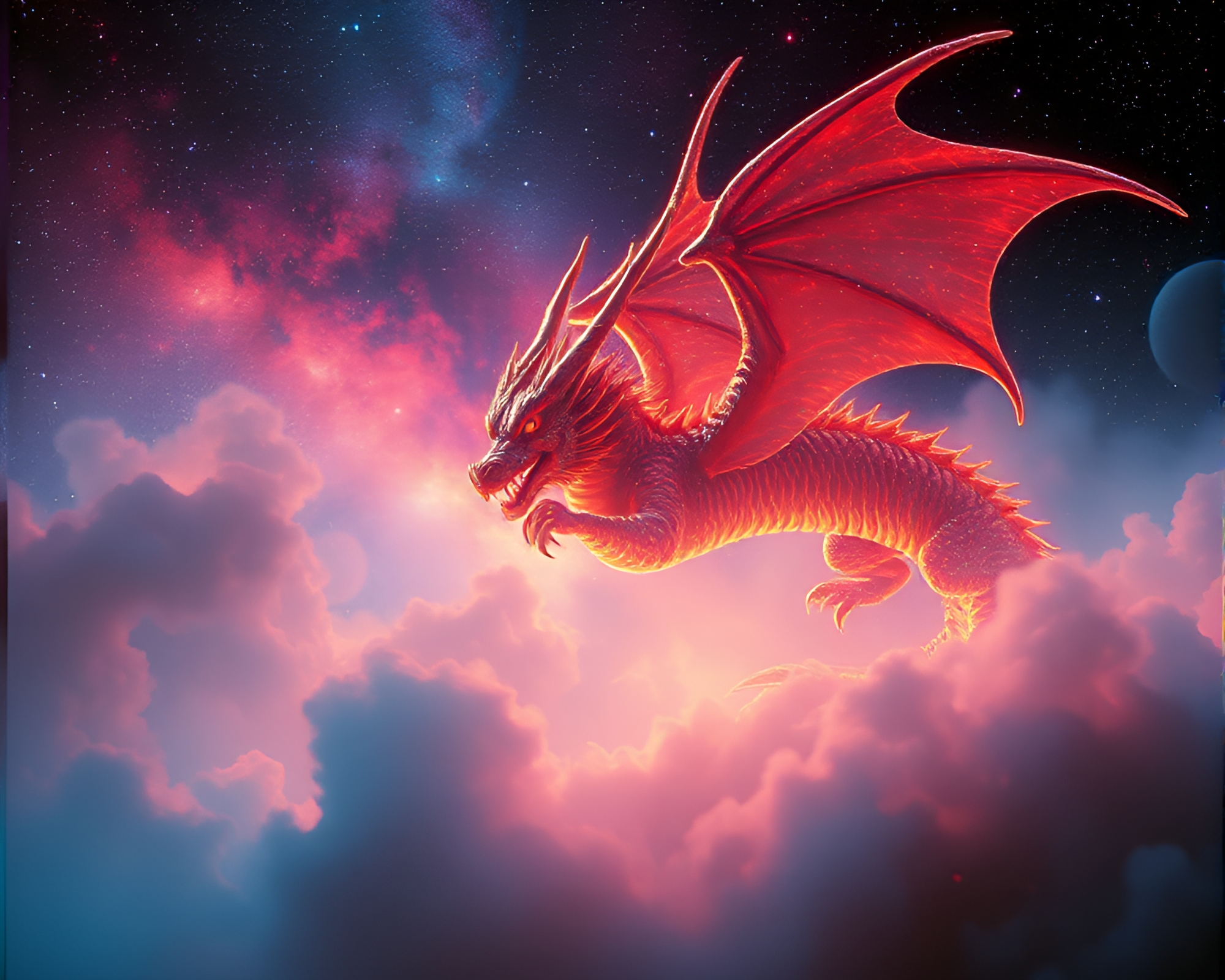 Celestial Dragon Emerges from Hyper-Saturated 80s VHS Cosmos – free AI stock image