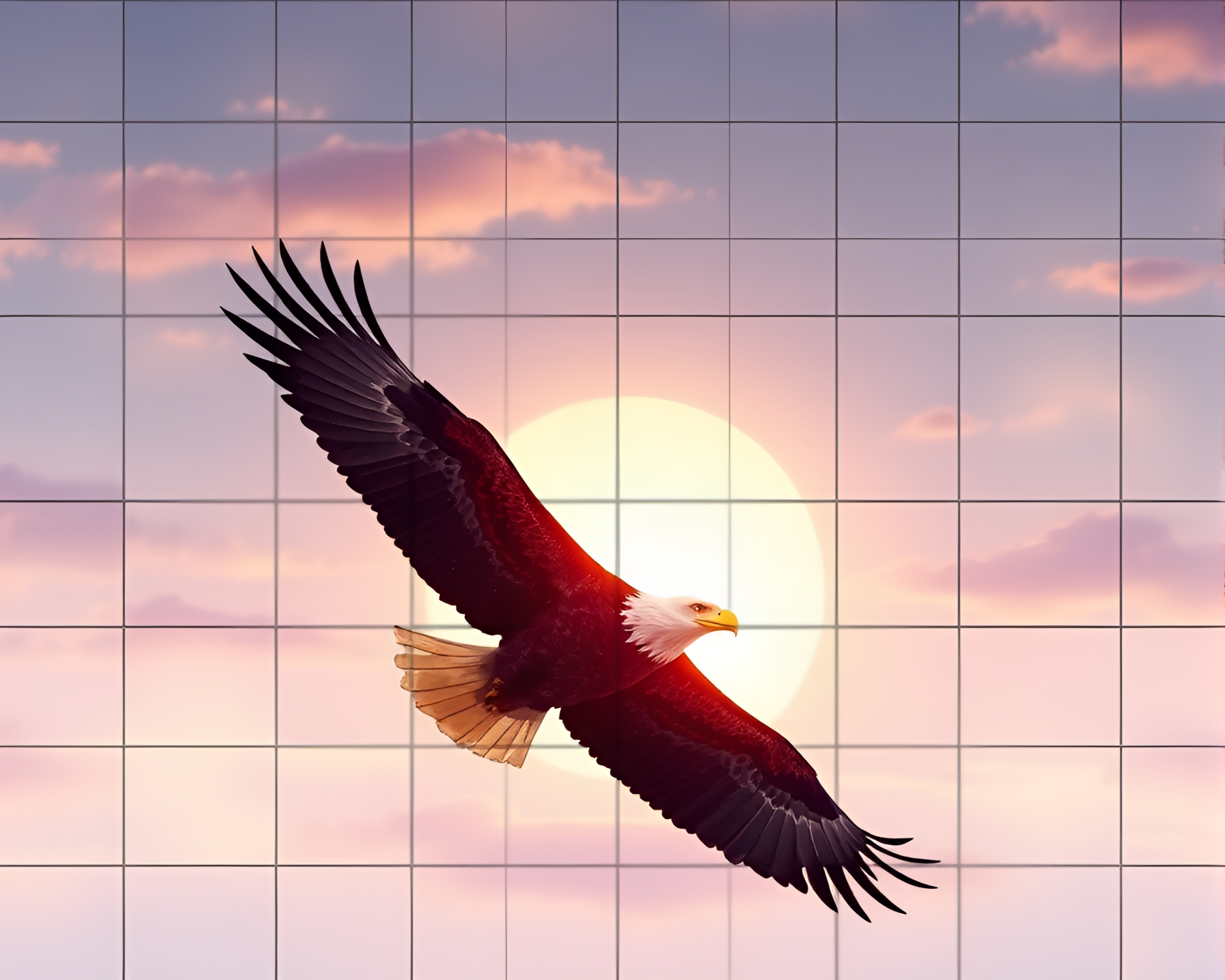 Stained Glass Eagle at Sunrise Grid Overlay – free AI stock image