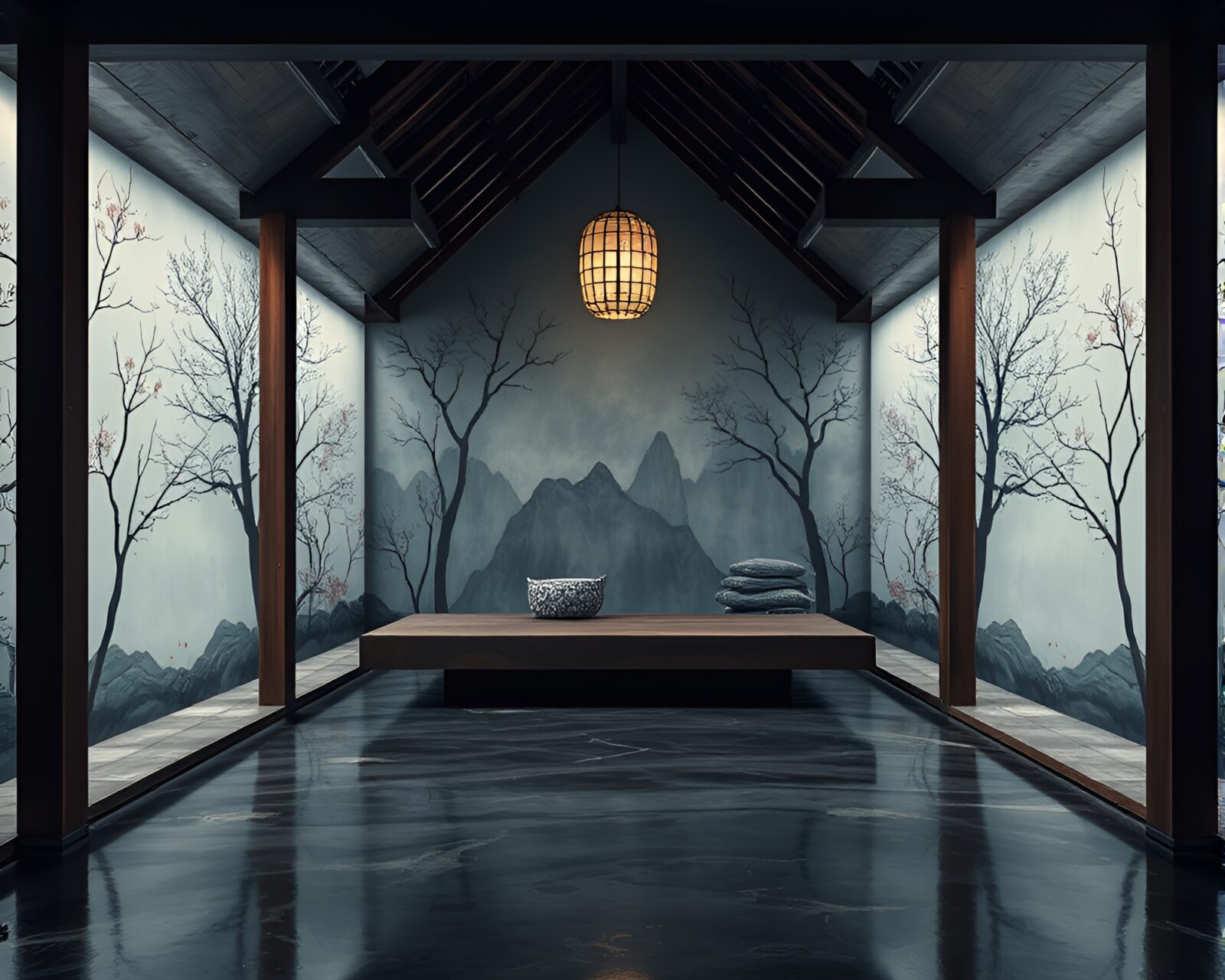 Detailed mural of floating pavilion in dimly lit basement