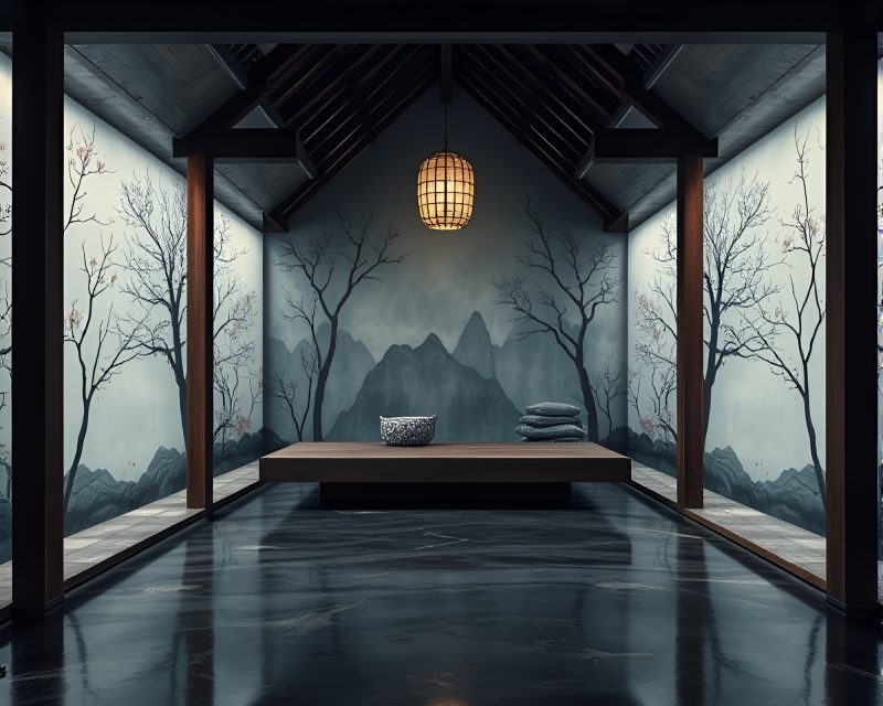Ethereal Floating Pavilion in Basement Mural Painting – free AI stock image