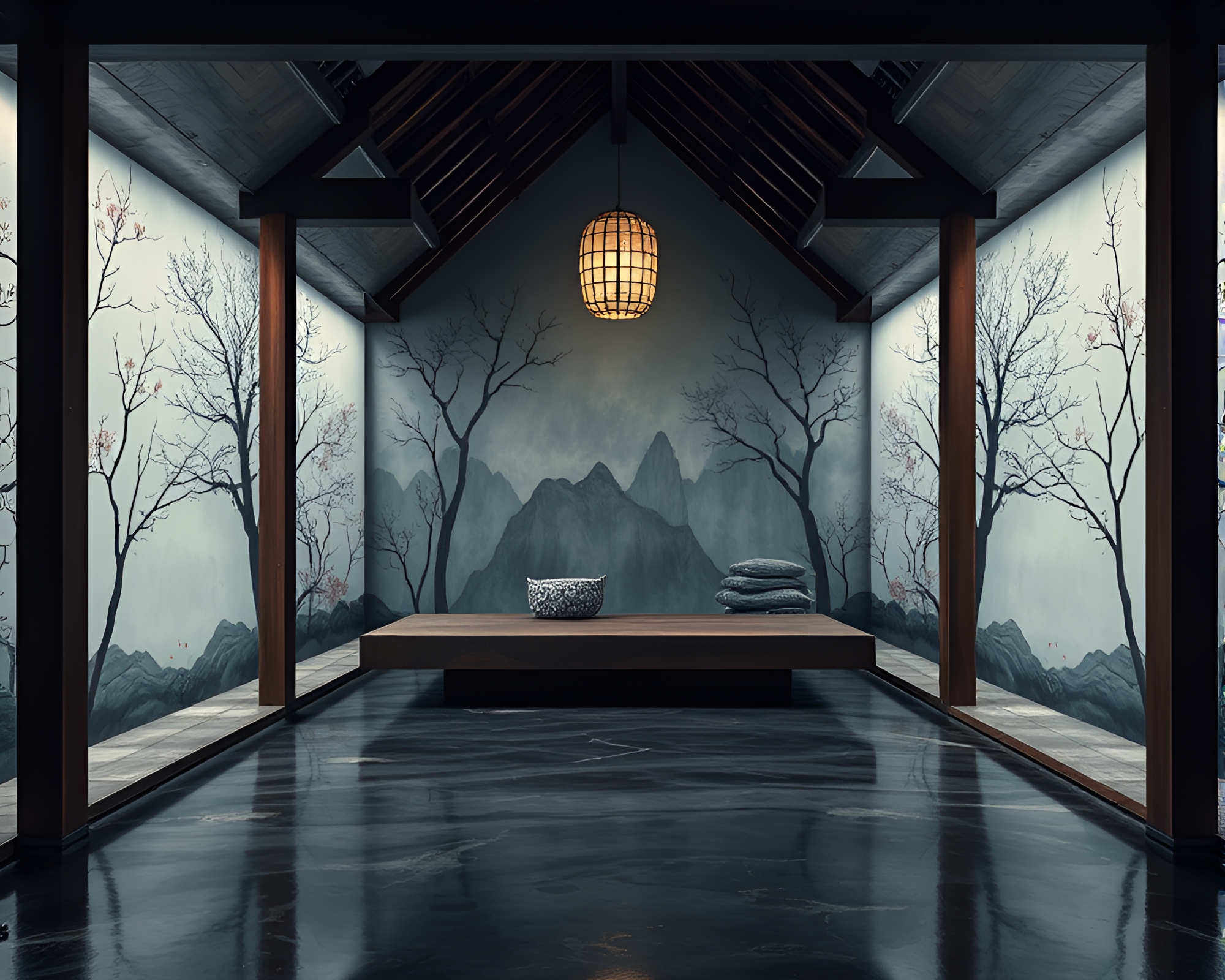 Ethereal Floating Pavilion in Basement Mural Painting – free AI stock image