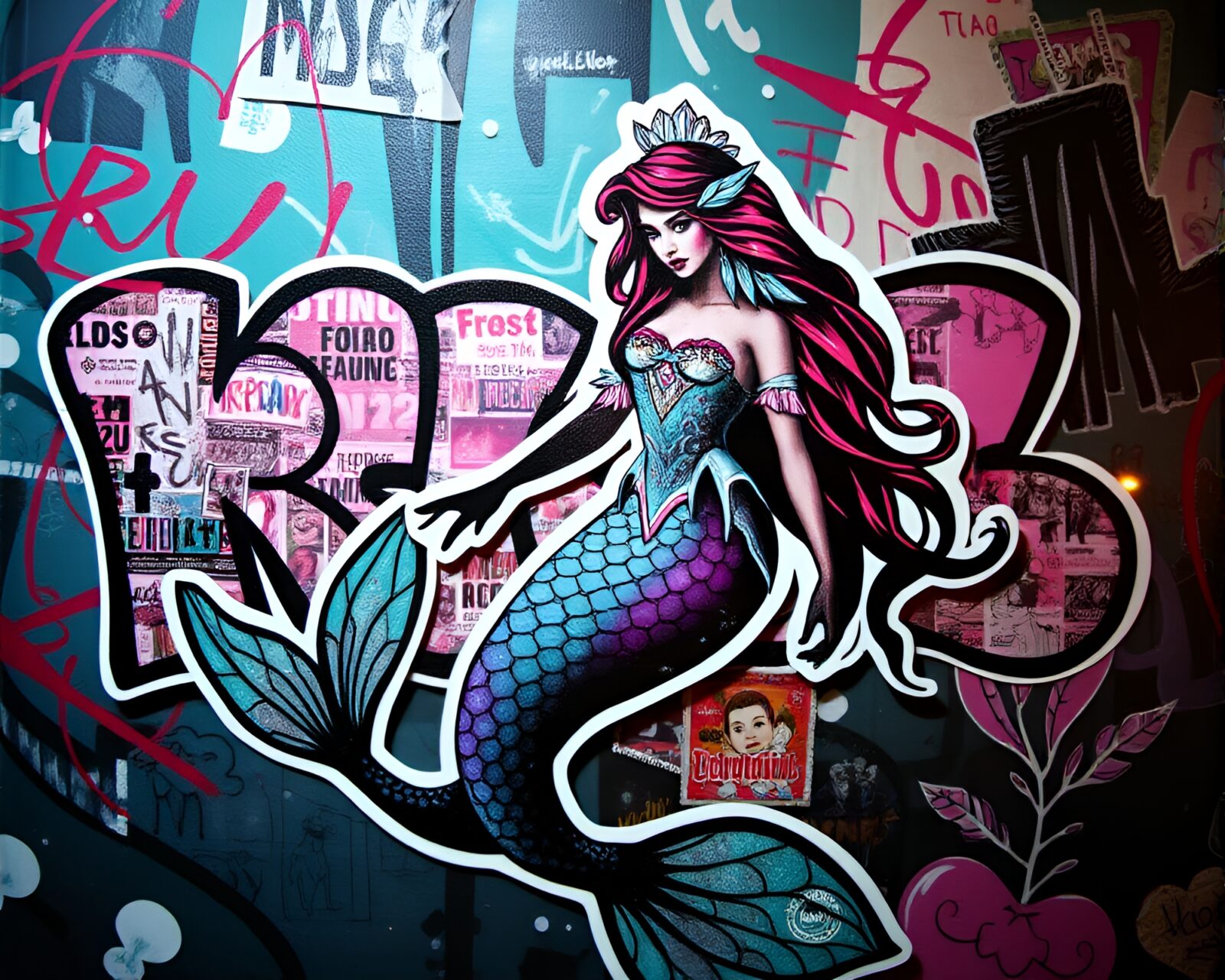 Vibrant mermaid collage art with colorful graffiti tones swirling