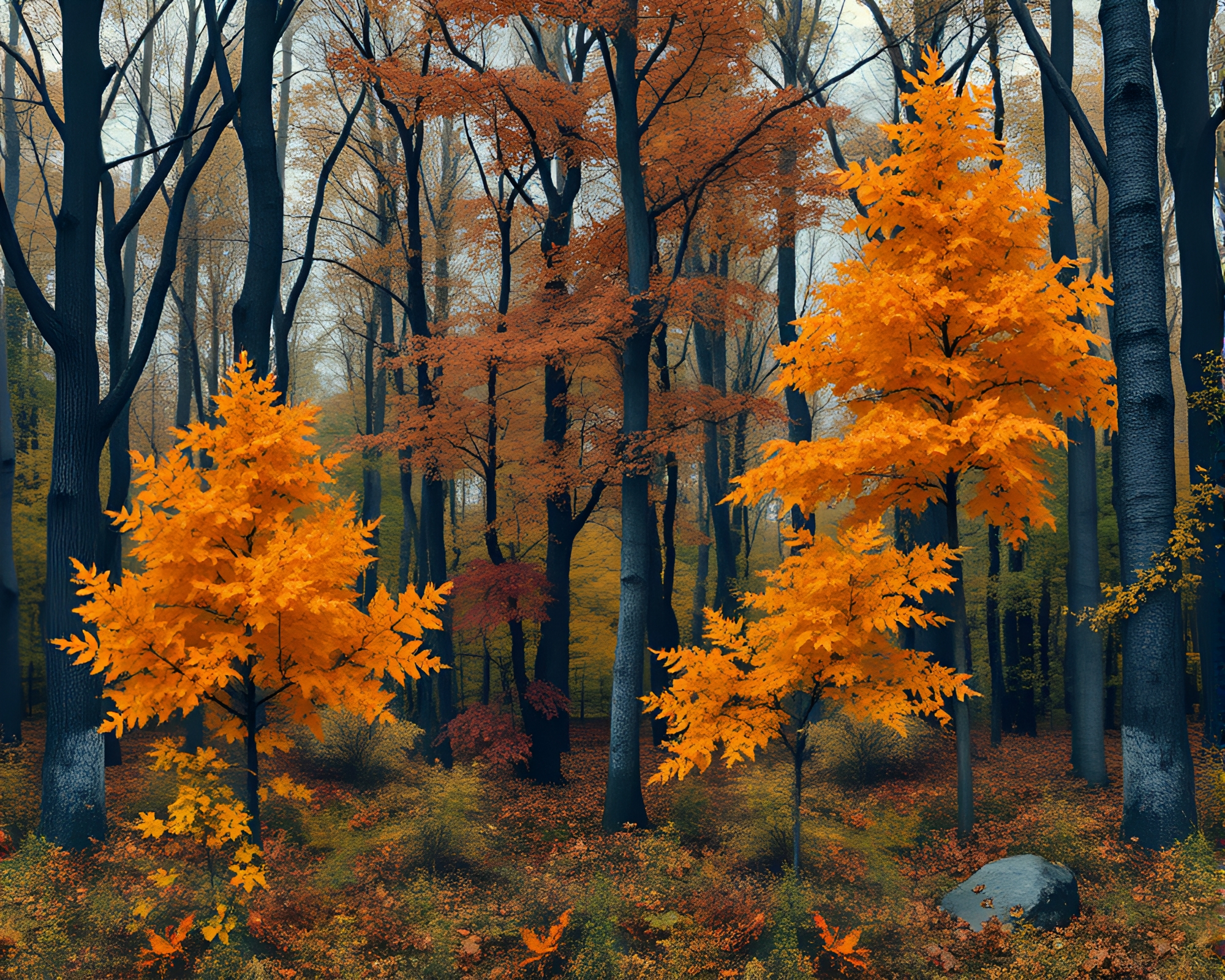 Autumn Forest Kaleidoscope in Faded Denim Grisaille – free AI stock image