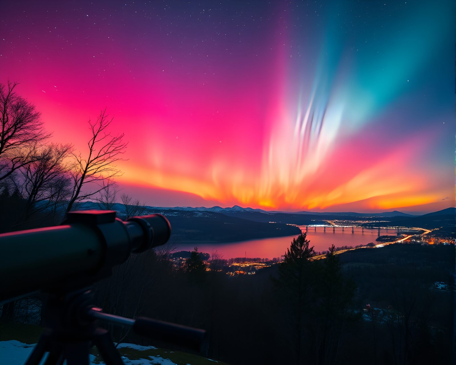 Magnificent slow shutter image of telescope under vibrant aurora sky
