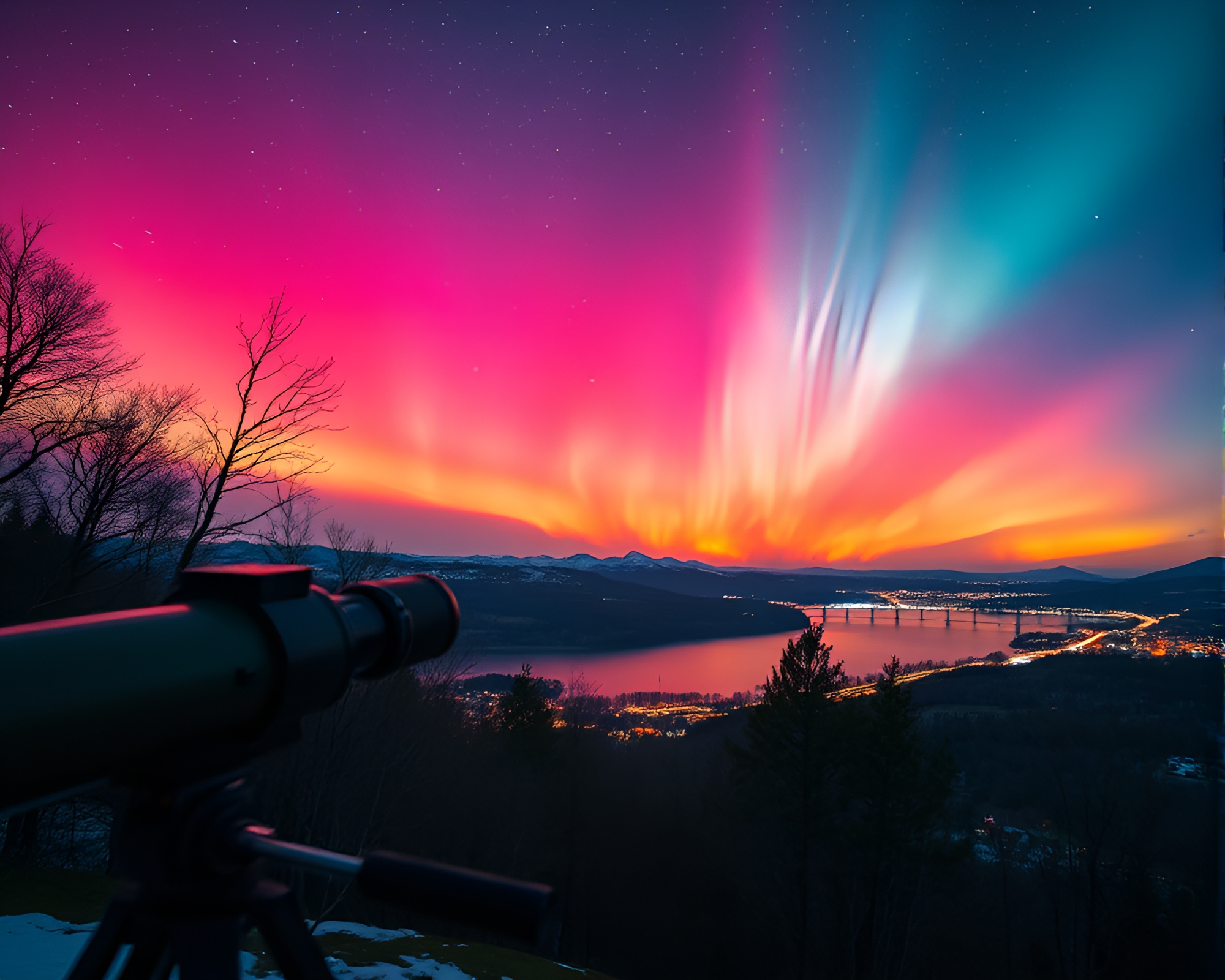 Architectural Frame: Aurora Hues Telescope Gazing – free AI stock image