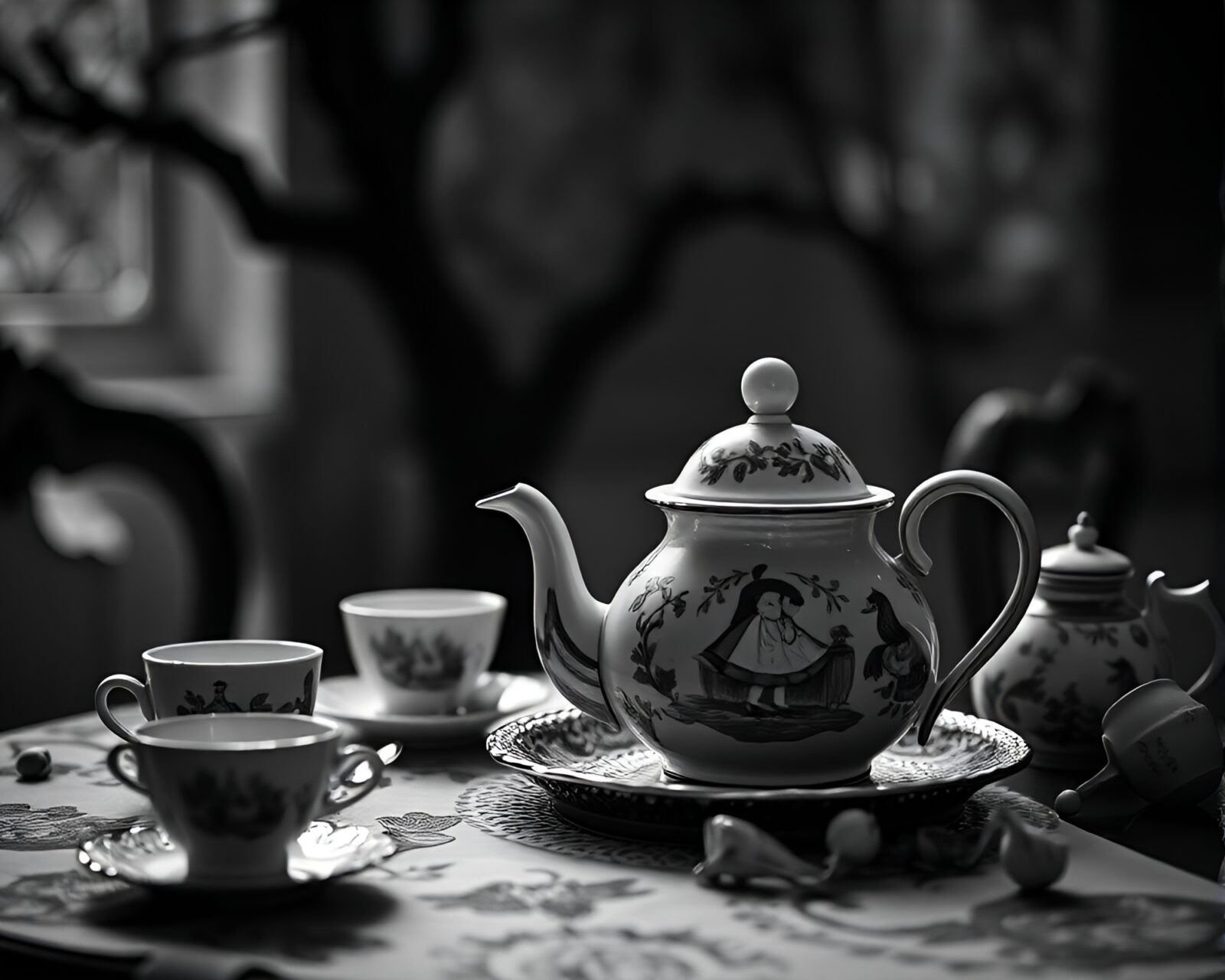 Eerie écorché study of Alice in Wonderland tea set
