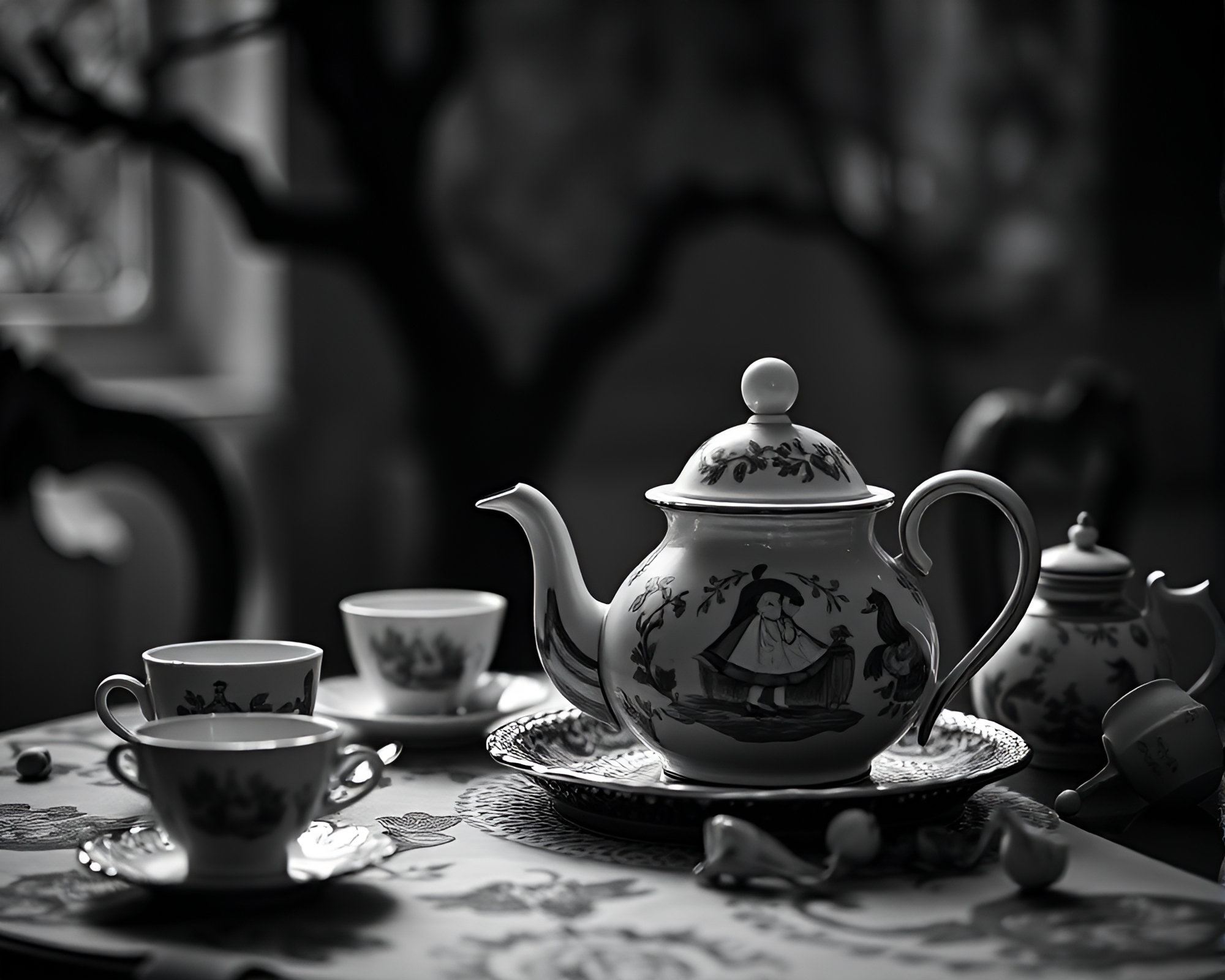 Alice in Wonderland themed tea set in desaturated gloom – free AI stock image