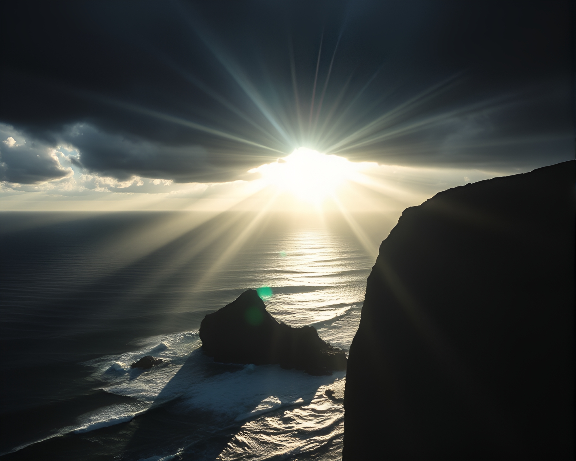 Majestic Thunderstorm over Ocean Cliffside Sunburst Scene – free AI stock image