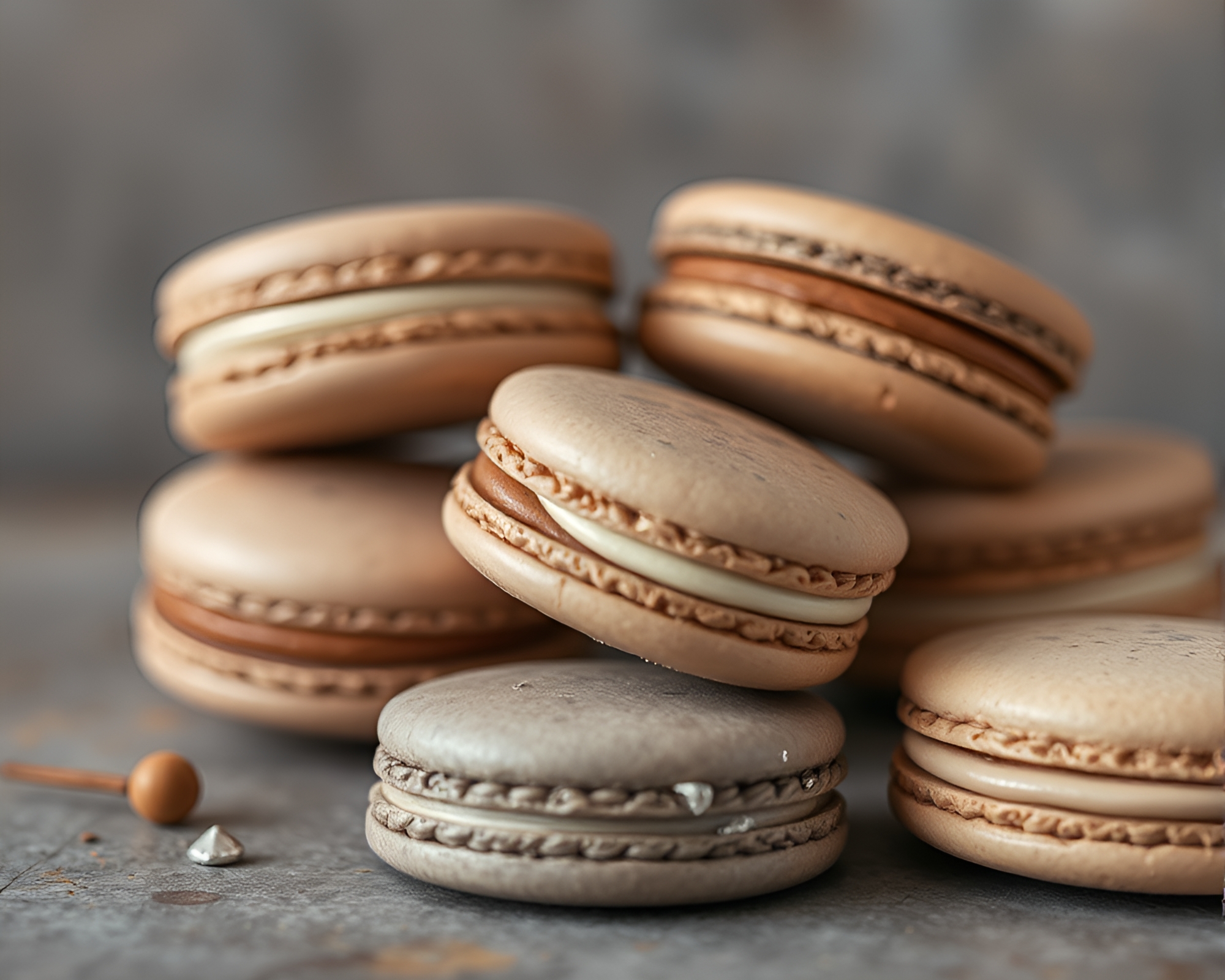 Delicate Macaron Assortment with Silver Leaf Accents – free AI stock image