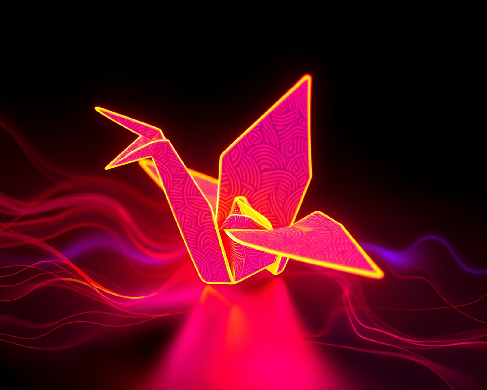 Vibrant neon colors depict an origami crane in fluid simulation