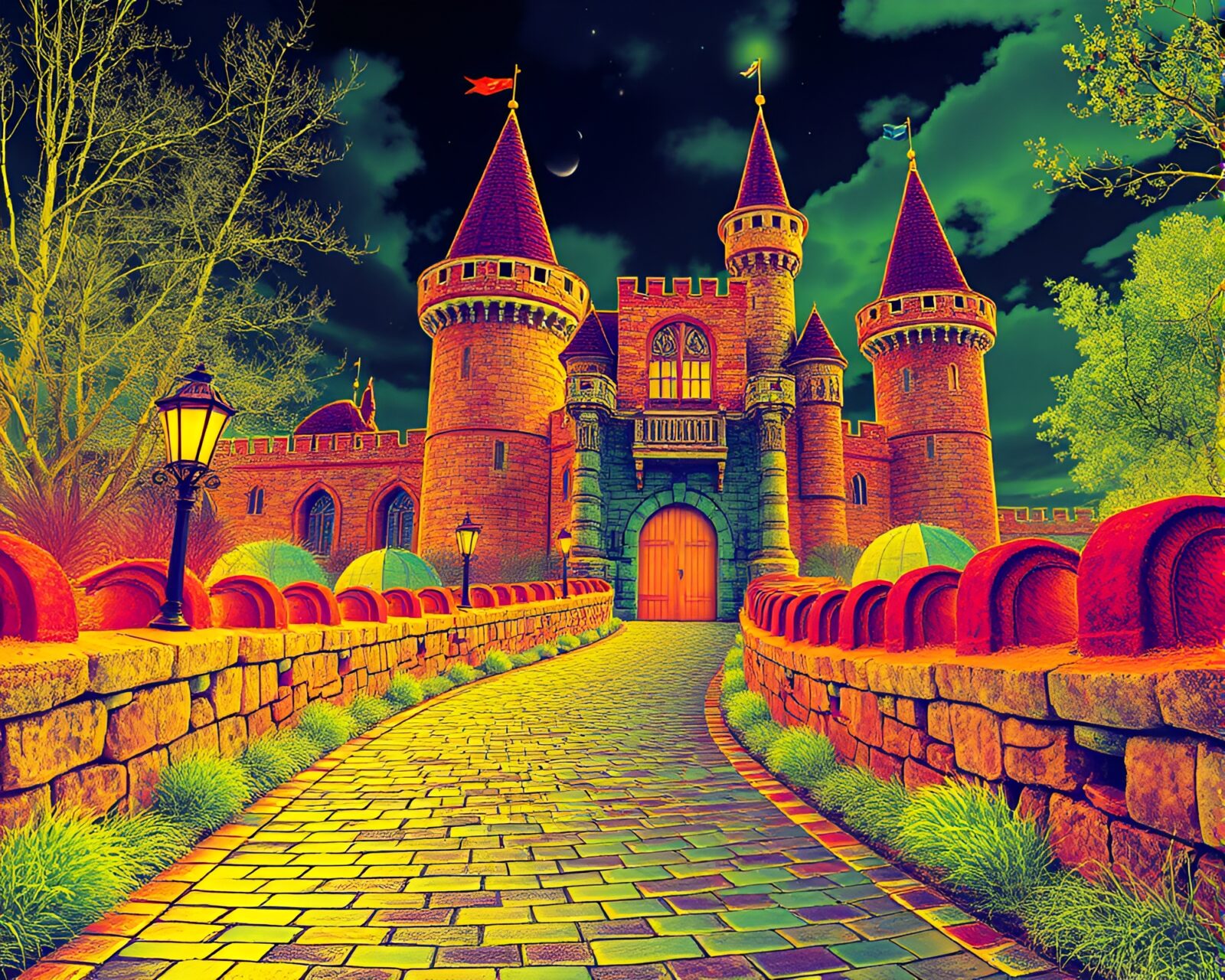 Illustration of a castle courtyard in thermal imaging colors