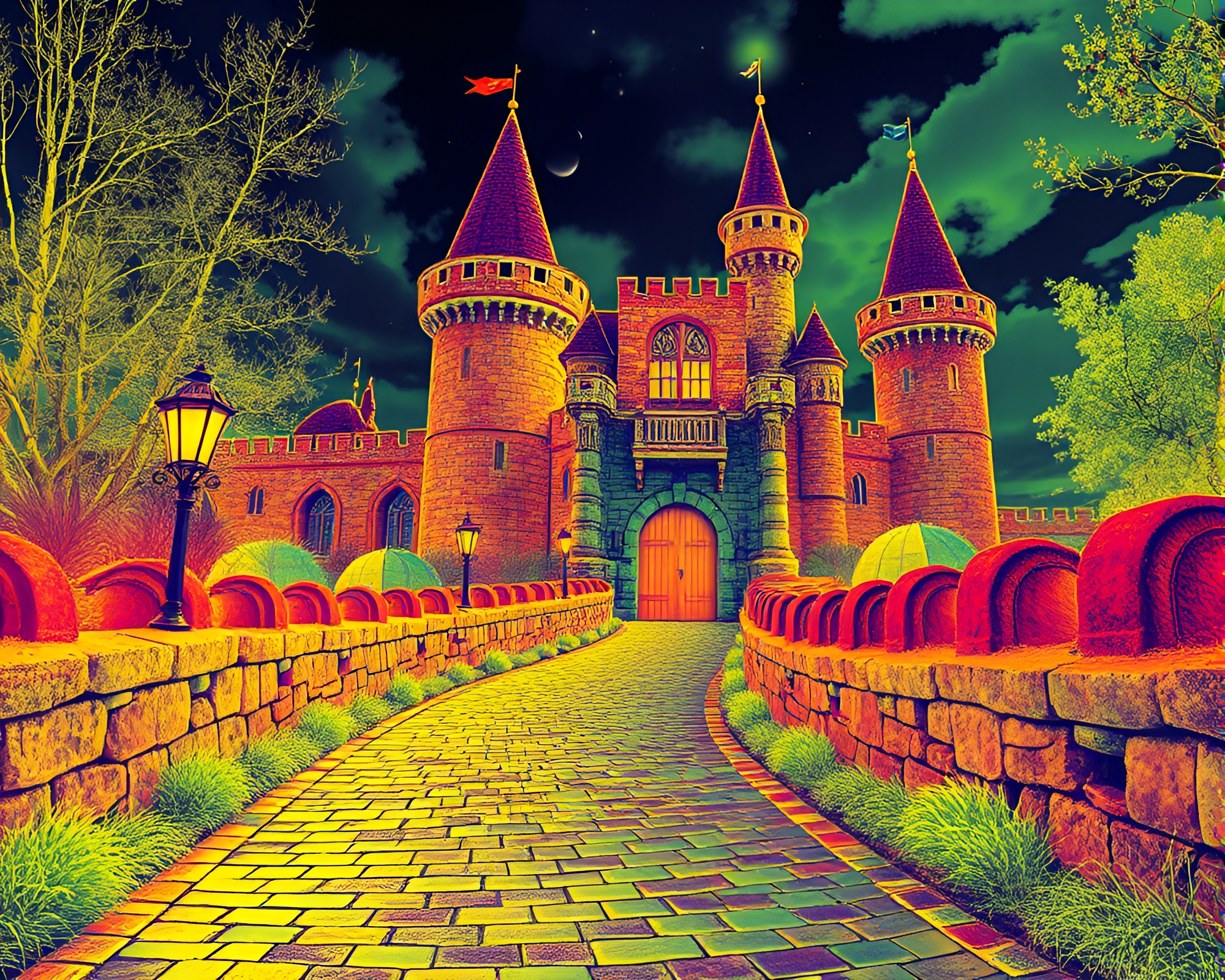 Steampunk Castle Courtyard with Thermal Imaging Cobblestone Path – free AI stock image