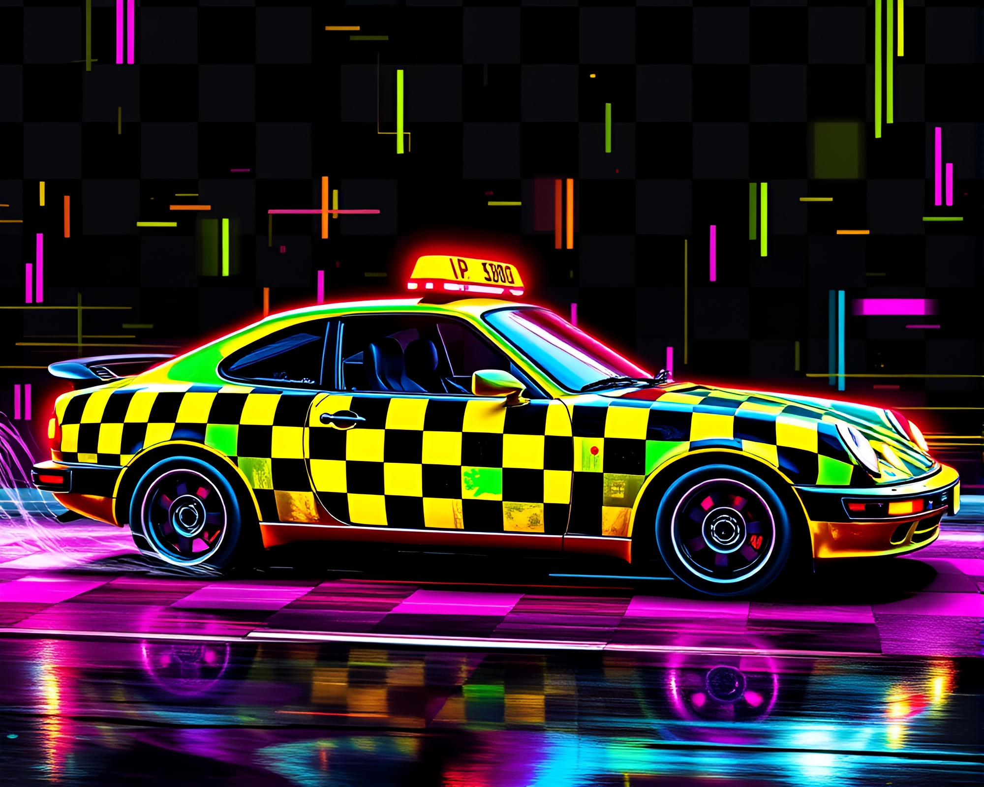 Checkered Neon Glitch Car Soars Through Graffiti-Filled Sky – free AI stock image