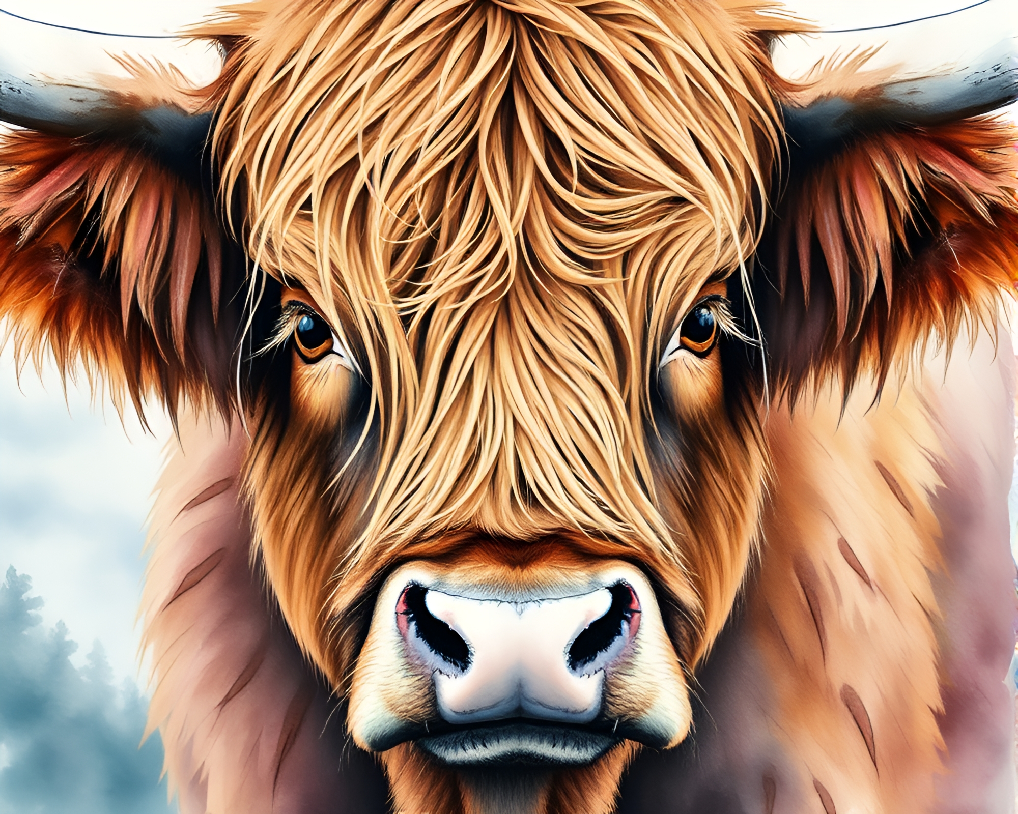 Highland Cow Close-Up in Vibrant Ink Wash Style – free AI stock image