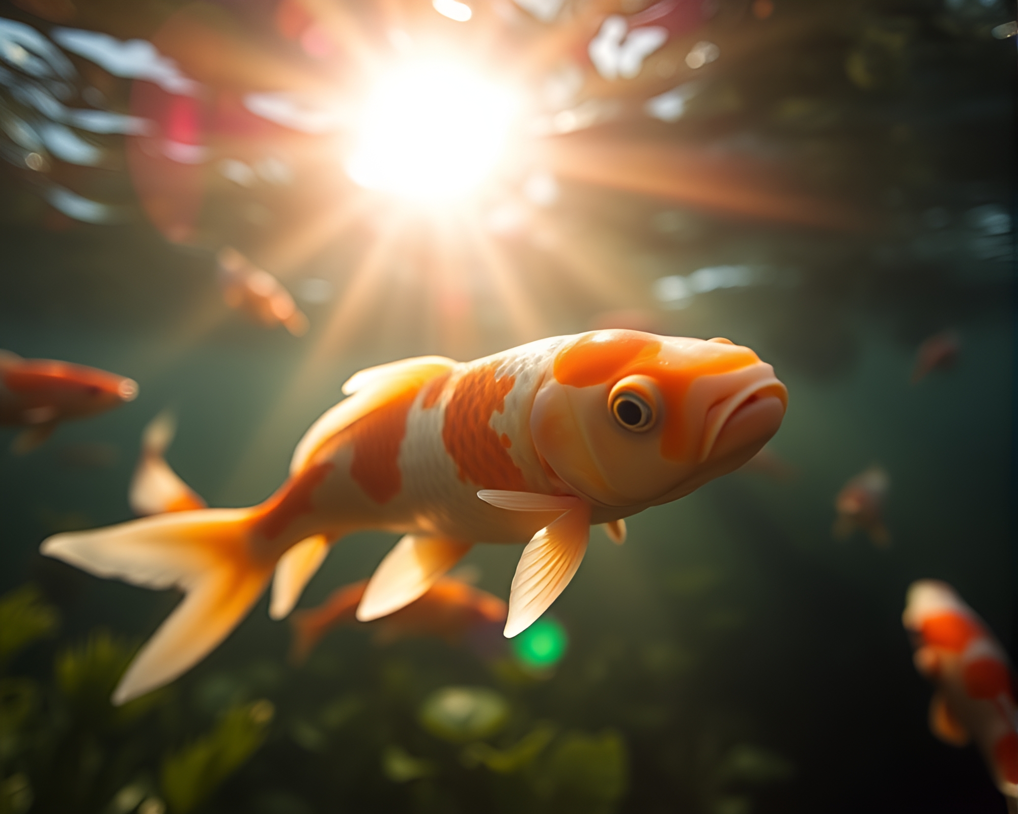Serene Koi Pond with Lens Flare Illumination – free AI stock image
